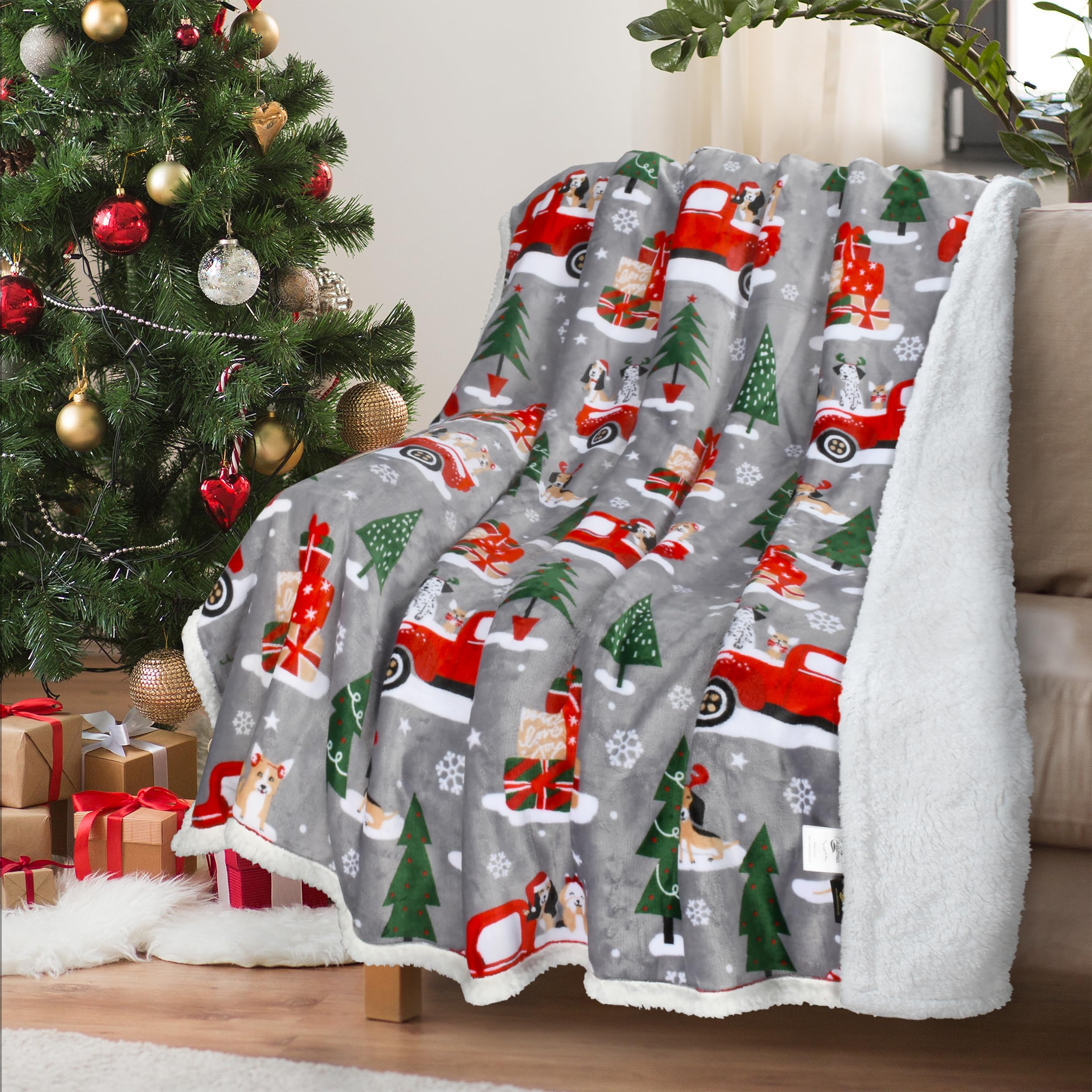 Catalonia Classy Christmas Throw Sherpa Blanket, Warm Soft Fluffy Sherpa Throw TV Blanket for Sofa, Extra Thick Warm Sofa Blanket, 150x130cm, Xmas Truck Pattern
