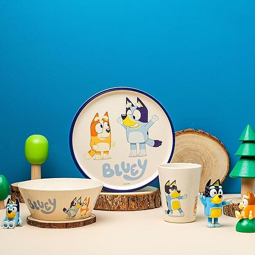 Miniatura 2 de Zak Designs Bluey Kids - Juego de vajilla de 3 piezas, plato de bambú de melamina duradero y sostenible, ideal para cenar con la familia (azul,