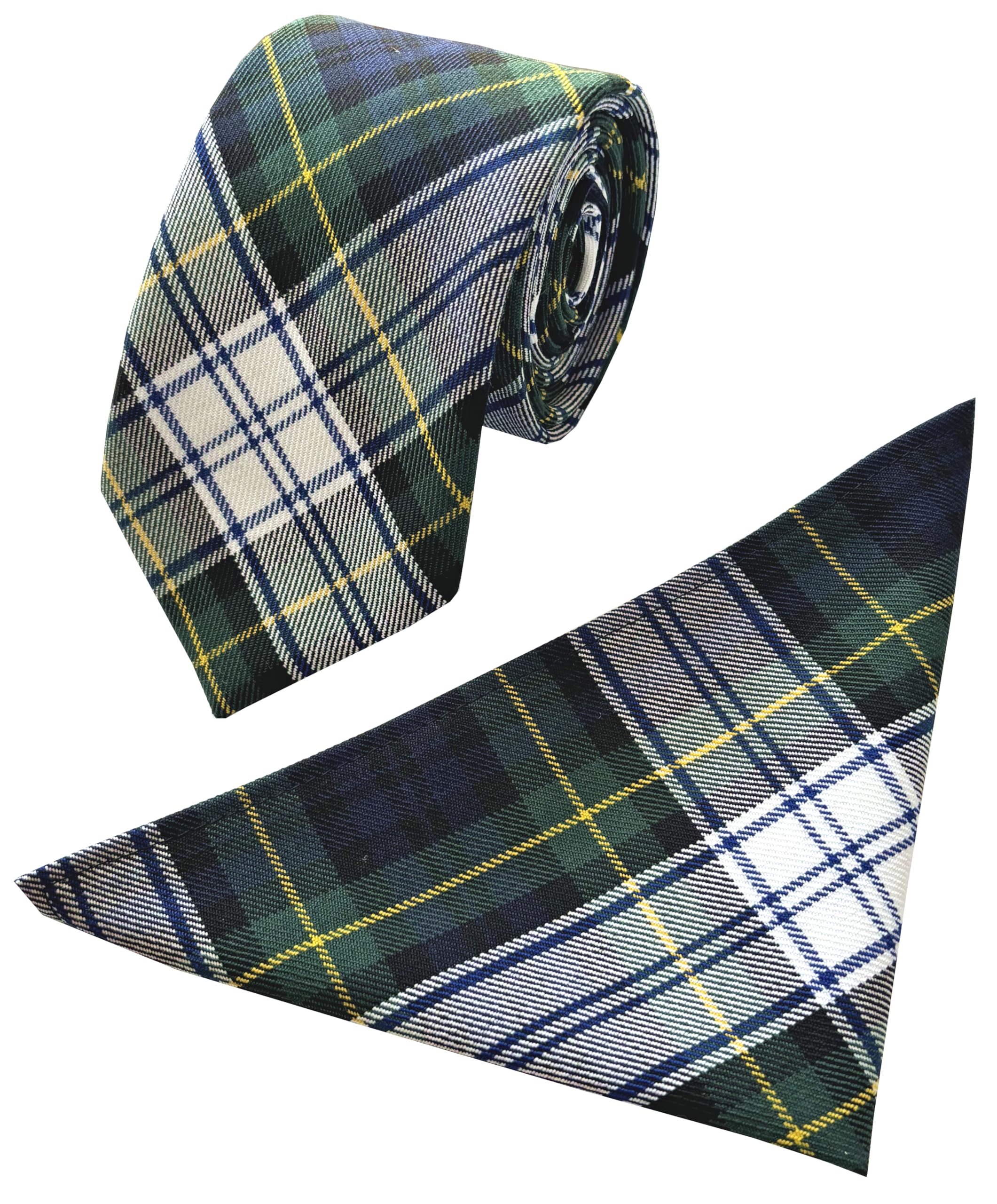 Great British Tie Club Men's Blue, Green, Yellow, White Dress Gordon Scottish Tartan Neck Tie & Hanky Set