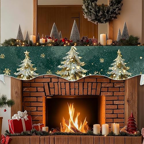 Miniatura 7 de Bufanda de Navidad para chimenea, cubierta decorativa para Navidad, invierno, mantel superior (árbol de Navidad verde dorado, 70 pulgadas de largo x