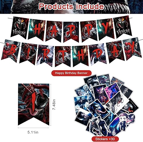 Miniatura 2 de Venom 2 - Decoraciones de fiesta de cumpleaños Venom 2, incluye pancarta, adornos para pasteles, adornos para cupcakes, globos, calcomanías, rojo,