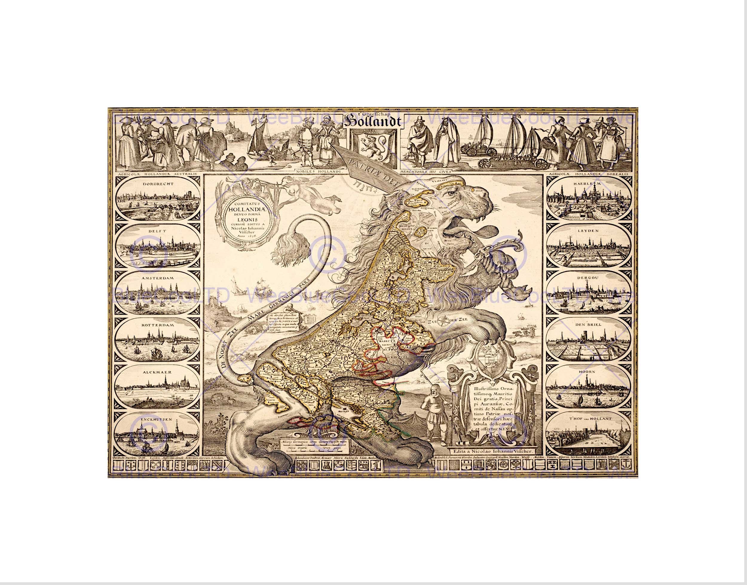 Wee Blue Coo Map Antique Lion Netherlands Leo Visscher Wall Art Print