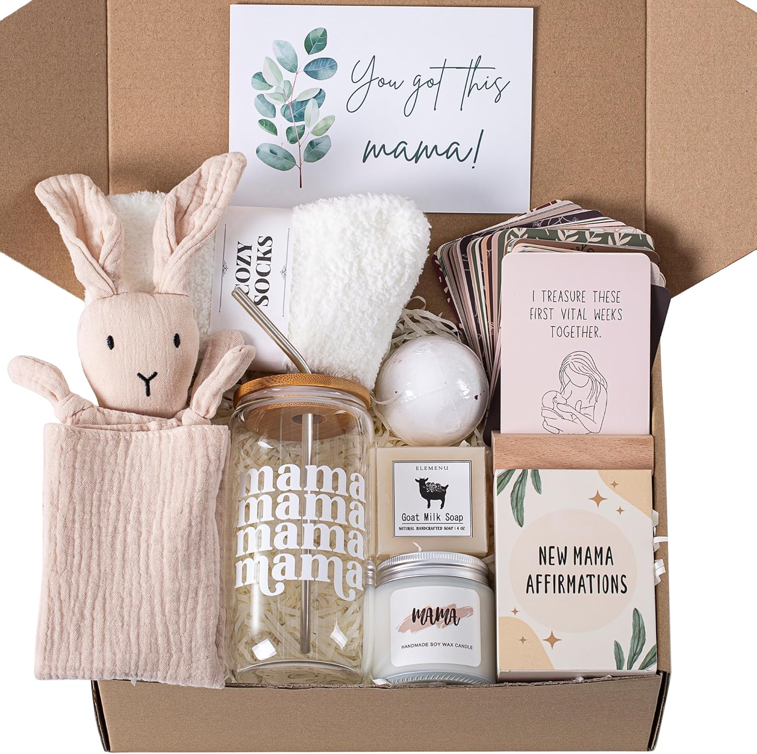 Elemenu new mom care package 7-piece gift set with candle socks blanket affirmation cards