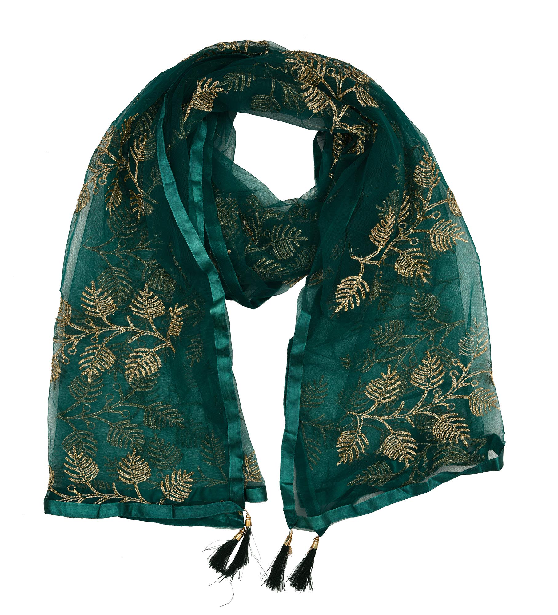 YOUTHQUAKE Women's Golden Patti Embroidered Net Dupatta With Latkans