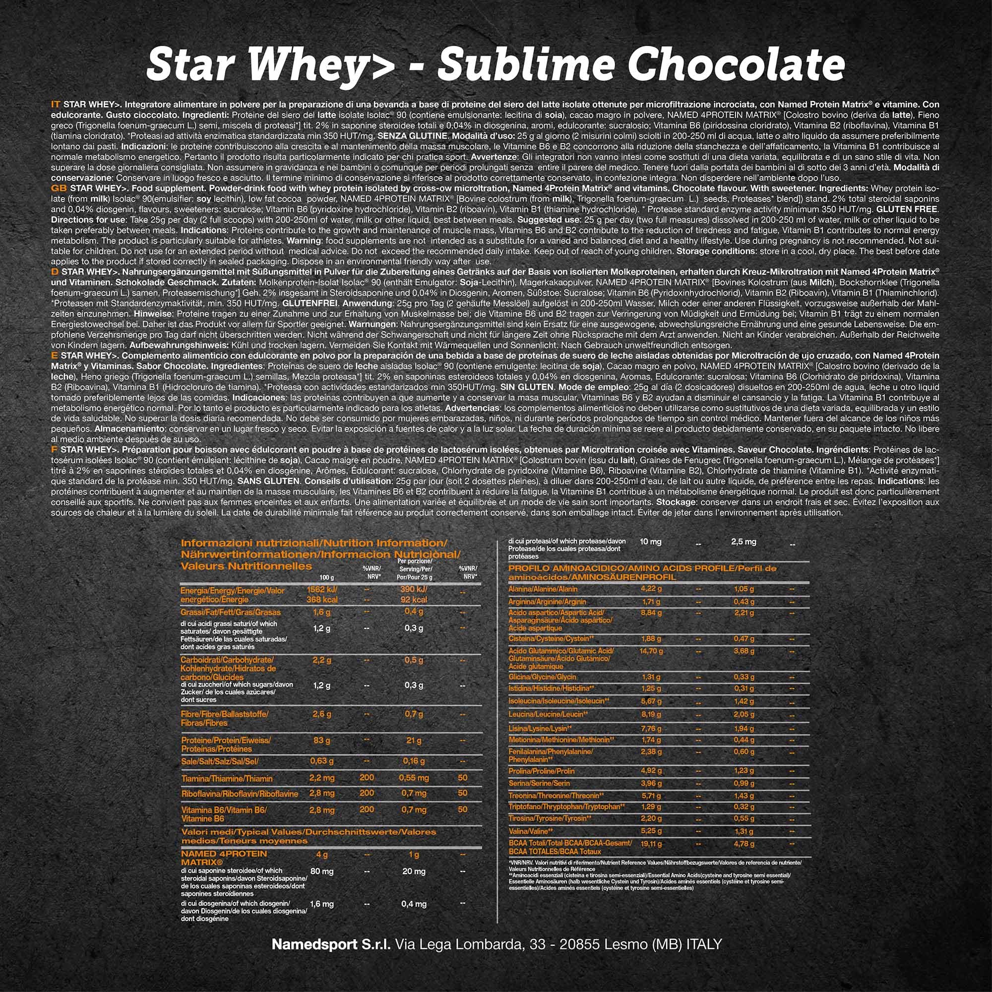 NAMEDSPORT Star Whey Isolate Proteine in Polvere Isolate | Proteine del Siero del Latte ad Alta Purezza per Massa Muscolare e Recupero | Low Sugar & High Protein | 750g – Cioccolato