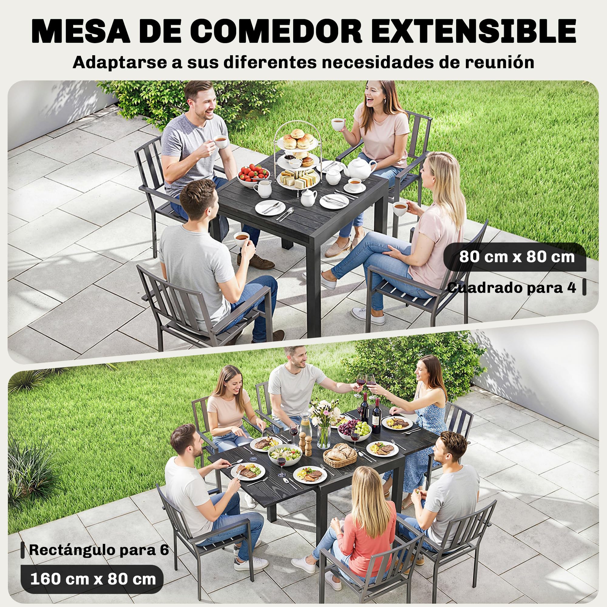 Outsunny Mesa de Jardín Extensible 80/160x80 cm Comedor Exterior Negro | Rectangular de Aluminio, Superficie de Lamas Efecto Madera, para 4-6 Personas, Patio, Terraza