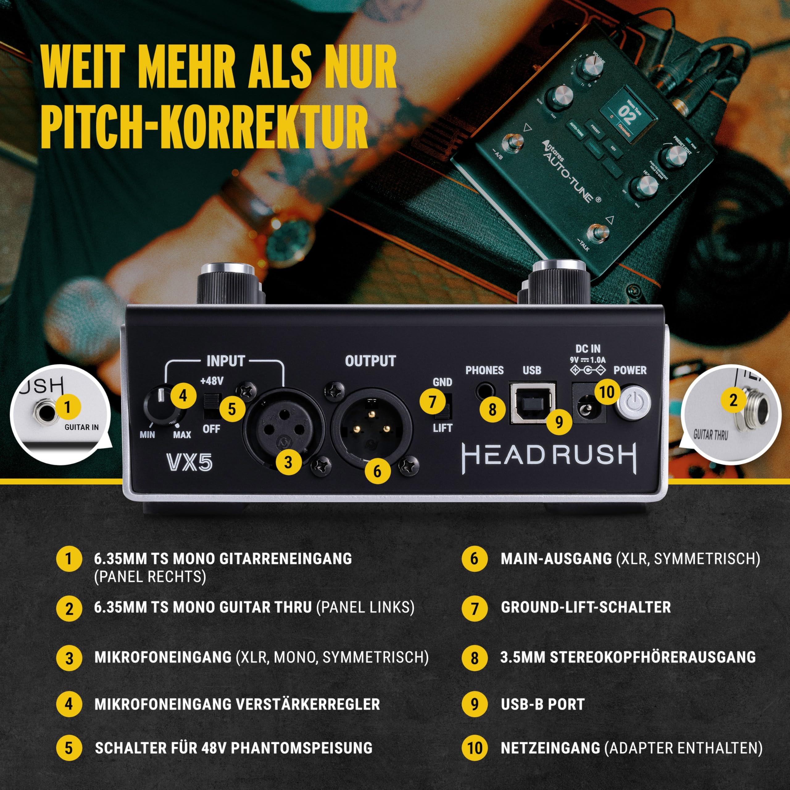 HeadRush VX5 Vocal Effekt Pedal mit Antares AutoTune, Pitch-Korrektur in Echtzeit, Vocal Harmony, Gitarren- und Mikrofoneingang und Audio Interface
