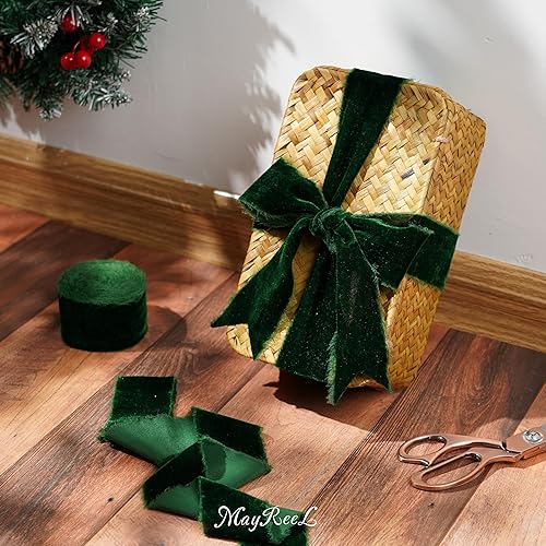 Miniatura 6 de Cinta de terciopelo verde de 2 pulgadas x 3 yardas, cinta de terciopelo de seda deshilachada rasgada a mano para envoltura de regalos, invitaciones,