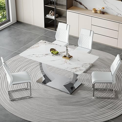 Miniatura 18 de Juego de mesa de comedor de mármol para 6, mesa moderna de plata blanca de 63 pulgadas con patas de marco de forma intercambiable y sillas