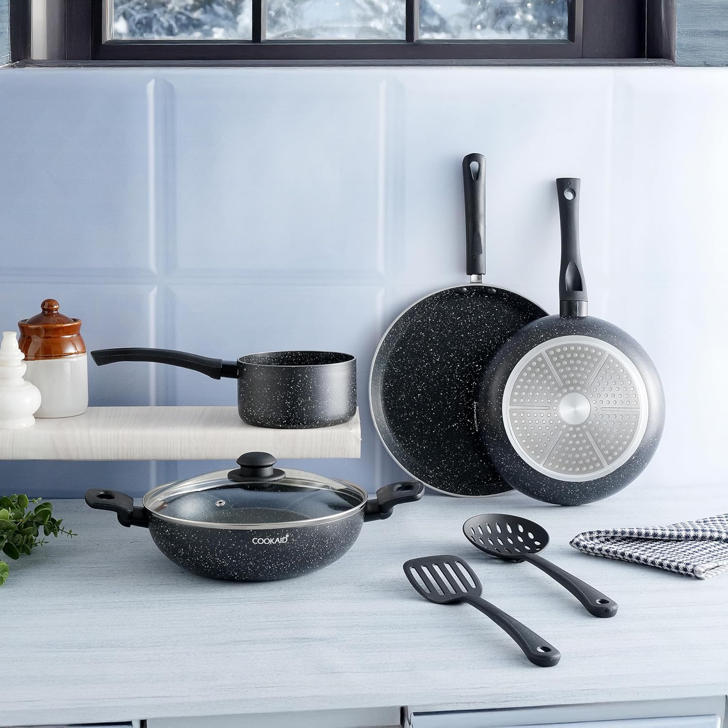 Cook and Serve Set 7 Pcs Non Stick PTFE Cookware Set| Aluminium Body| Non Stick PTFE| Gas & Induction Compatible| ISI Certified | Black Cook and Serve Set 7 Pcs Non Stick PTFE Cookware Set| Aluminium Body| Non Stick PTFE| Gas & Induction Compatible| ISI Certified | Black