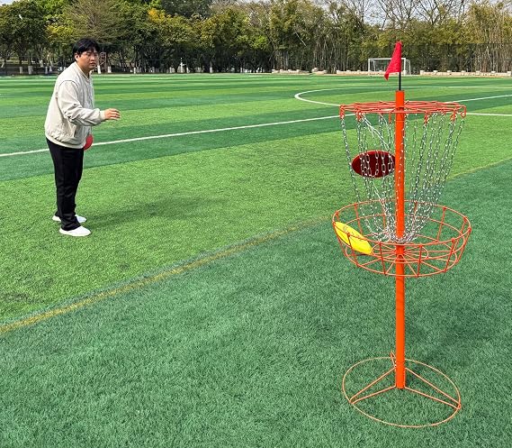ディスクゴルフバスケット - ポータブルディスクゴルフターゲット 高耐久チェーン24本付き ディスクゴルフディスク6個とキャリーバッグ付き グラウンドステーク付き あらゆるレベルのプレイヤーに最適 - マルチカラー