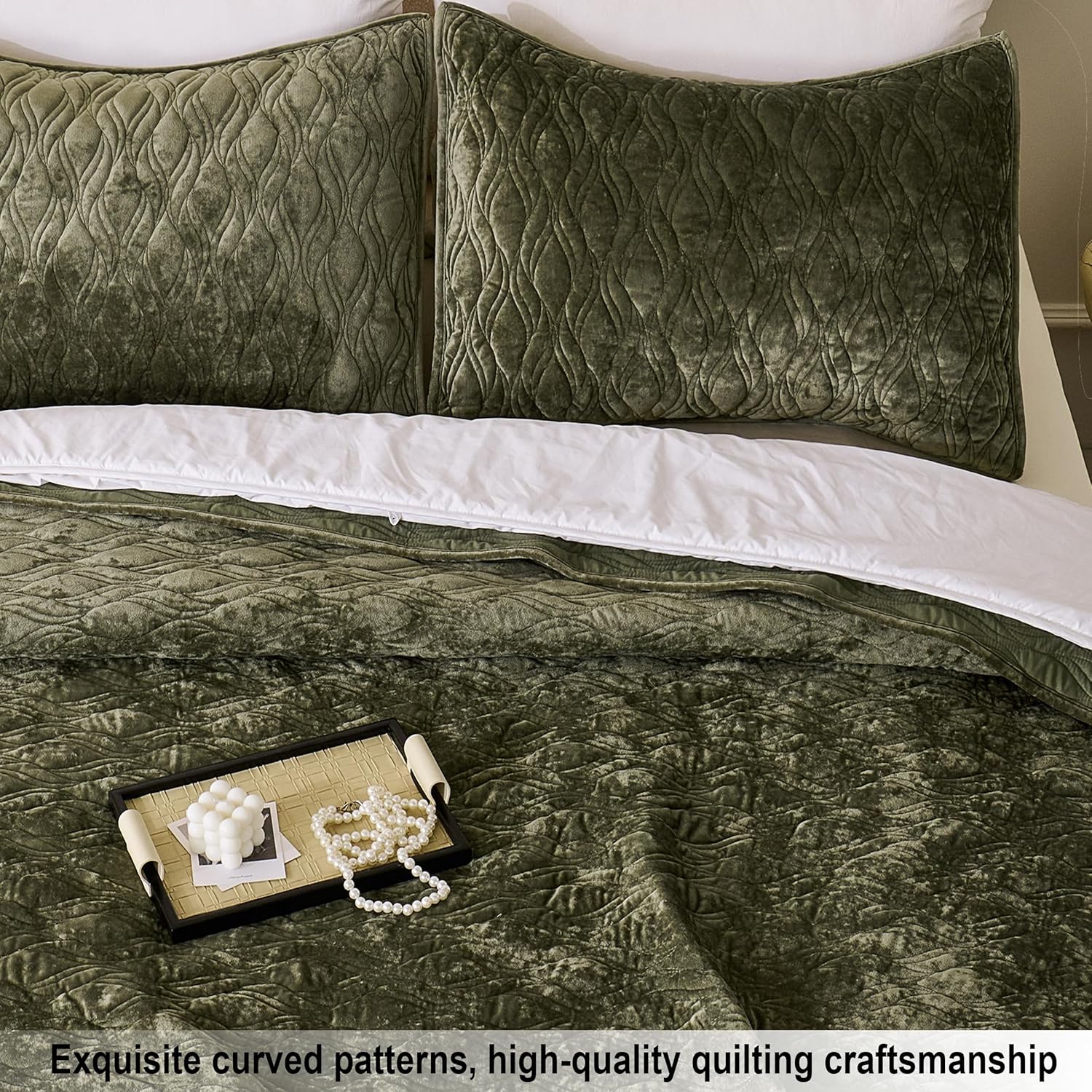 Luxury Oversized King Quilt 120x120 Bedspreads Coverlet Bedding Set Velvet Comforter King Size 3 Pieces Set with 1 Quilted Beauty Bedspreads and 2 Pillow Shams 20x36,Army Green - Image 4