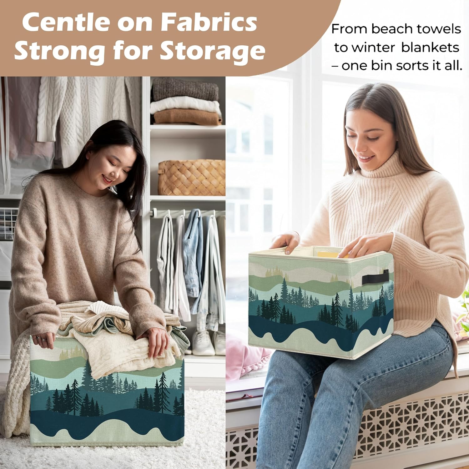 Boho Abstract Forest Mountain Storage Bin Box with Handles, Watercolor Mountain Landscape Foldable Linen Fabric Laundry Basket for Home Bedroom Bathroom Clothes Toys Books