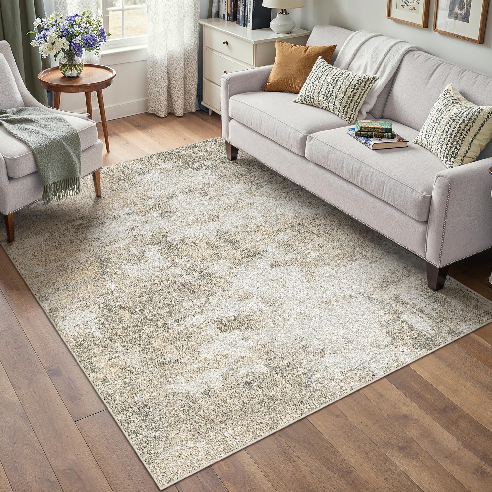 PureCozy Modern Abstract Living Room Rug Bedroom Rugs, 120 x 180 cm, Vintage Hallway Rug, Non-Slip Washable, Short Pile for Living Room, Kitchen, Office, Interior, Beige — image 1