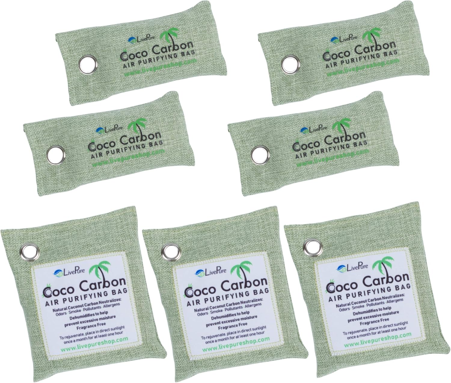 LivePure CocoCarbon Coconut Carbon Air Purifying Bag Odor Eliminator 7Pack, Mint