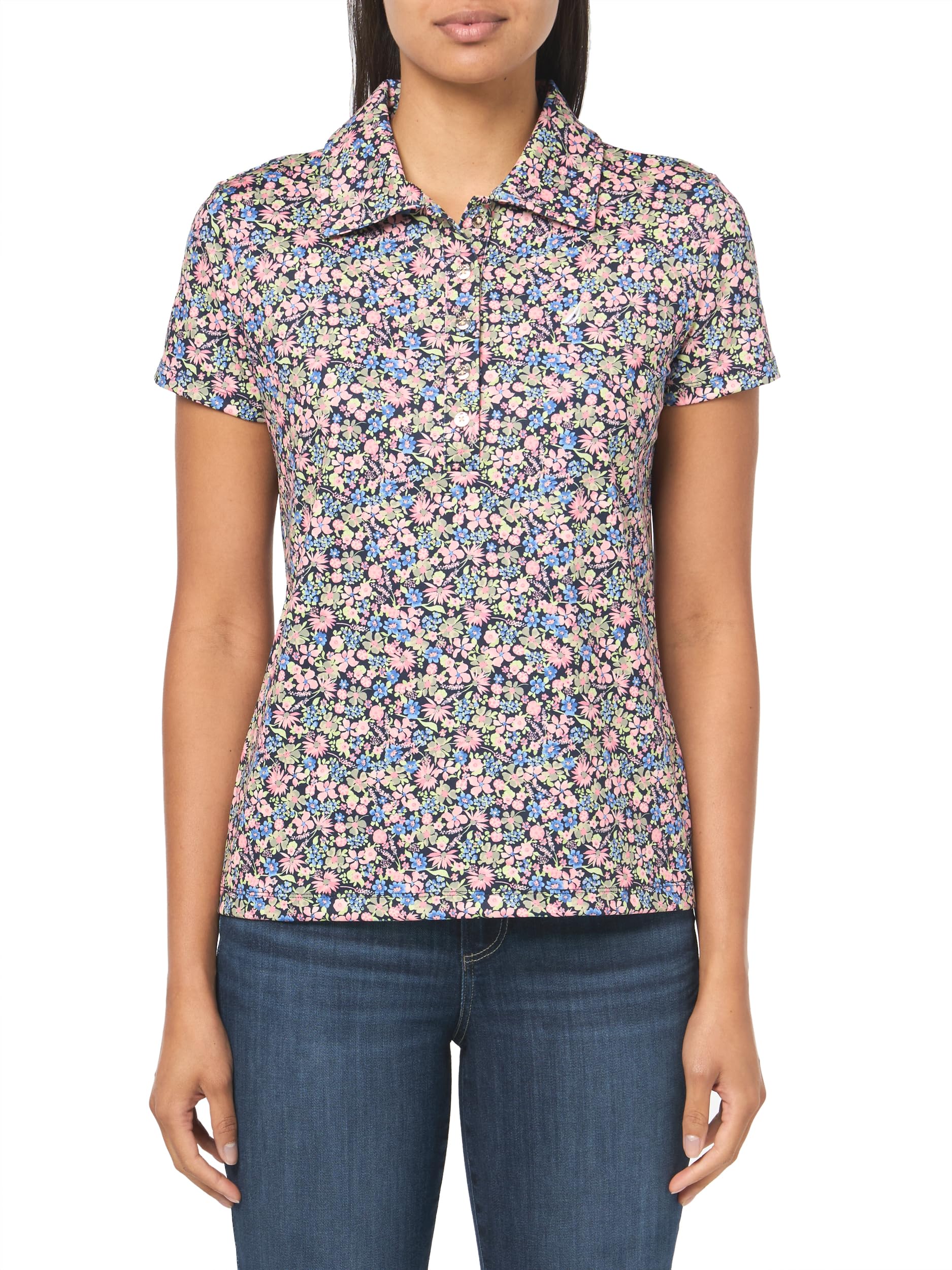 Nautica Women's Short Sleeve Collared Cotton Interlock Soft Touch Polo