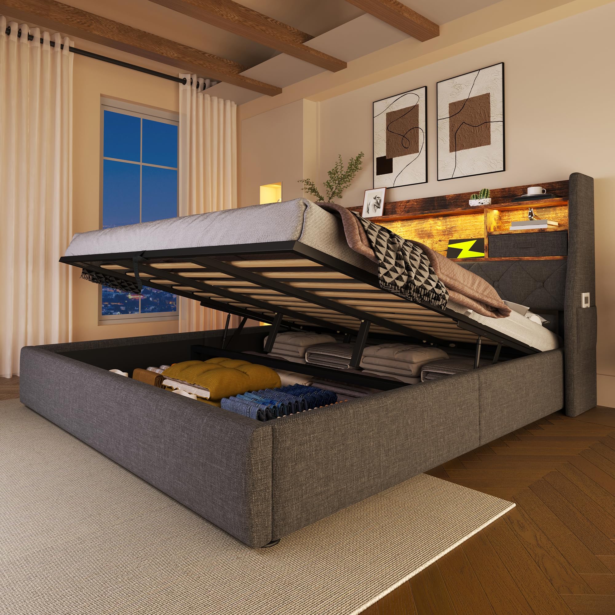 HESHU Polsterbett Bettgestell 180x200, Boxspringbett mit LED und Ladestation, Bettrahmen mit Stauraum Kopfteil, Jugendbett Stauraumbett Funktionsbett Doppelbett