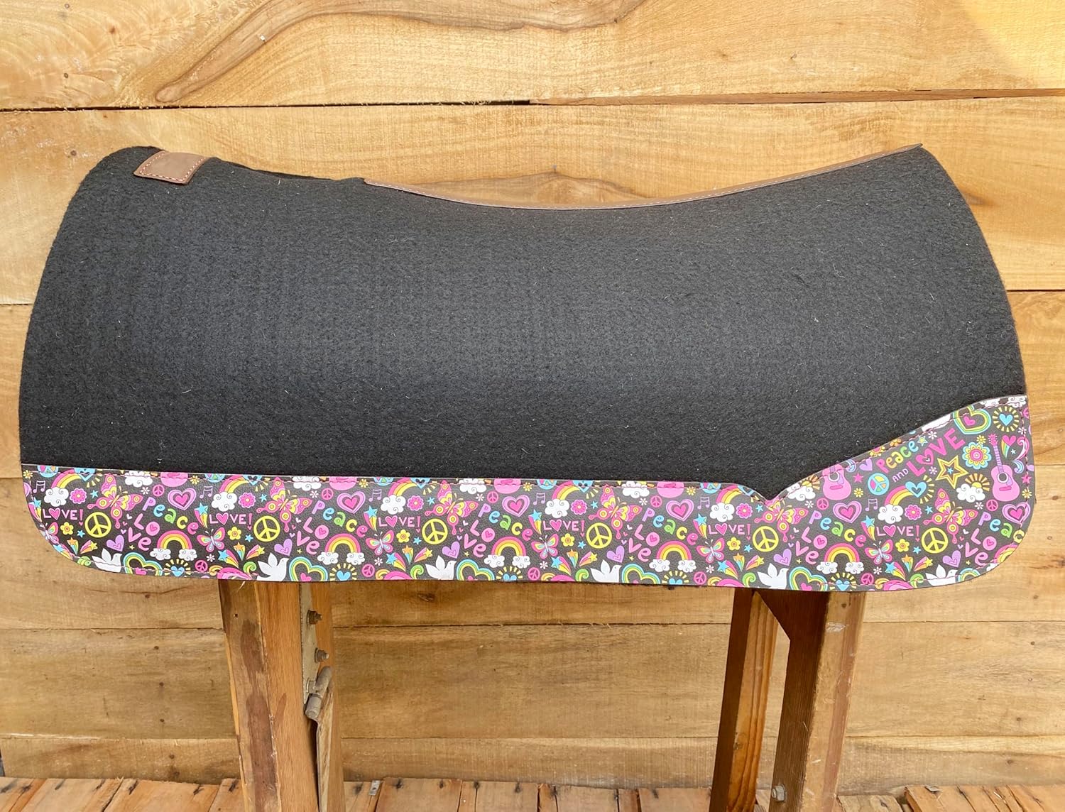 Western Saddle Pad Wool Blended Felt Reinforced Spine and Printed Design Patch Inlay at The Bottom of The pad on Real Cow Leather
