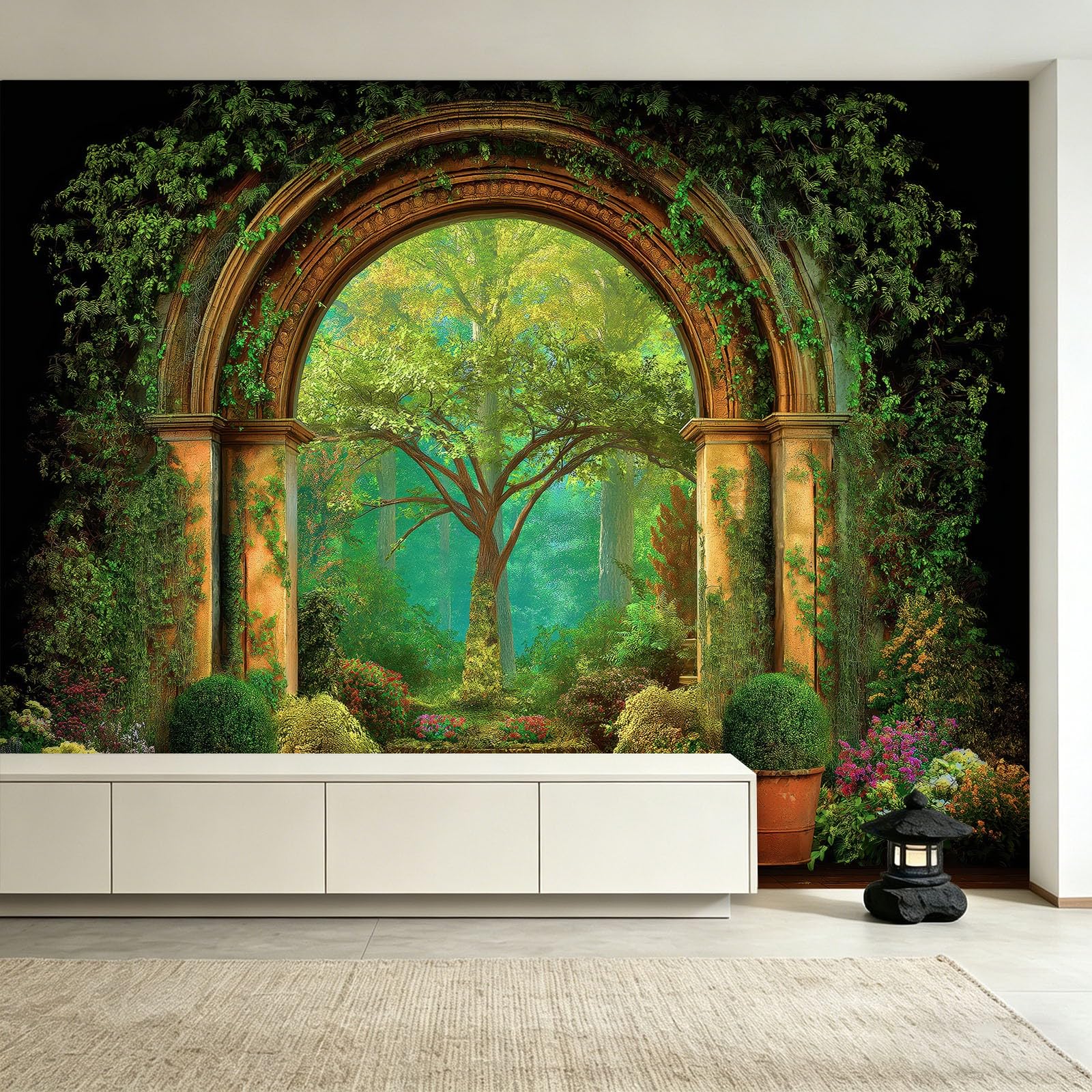 Générique Panoramiczna tapeta z naturalnego lasu, kamienny łuk 3D ogród fresk ścienny z włókniny 200 x 140 cm - dekoracyjna fototapeta ścienna do salonu pokój dziecięcy restauracja kuchnia