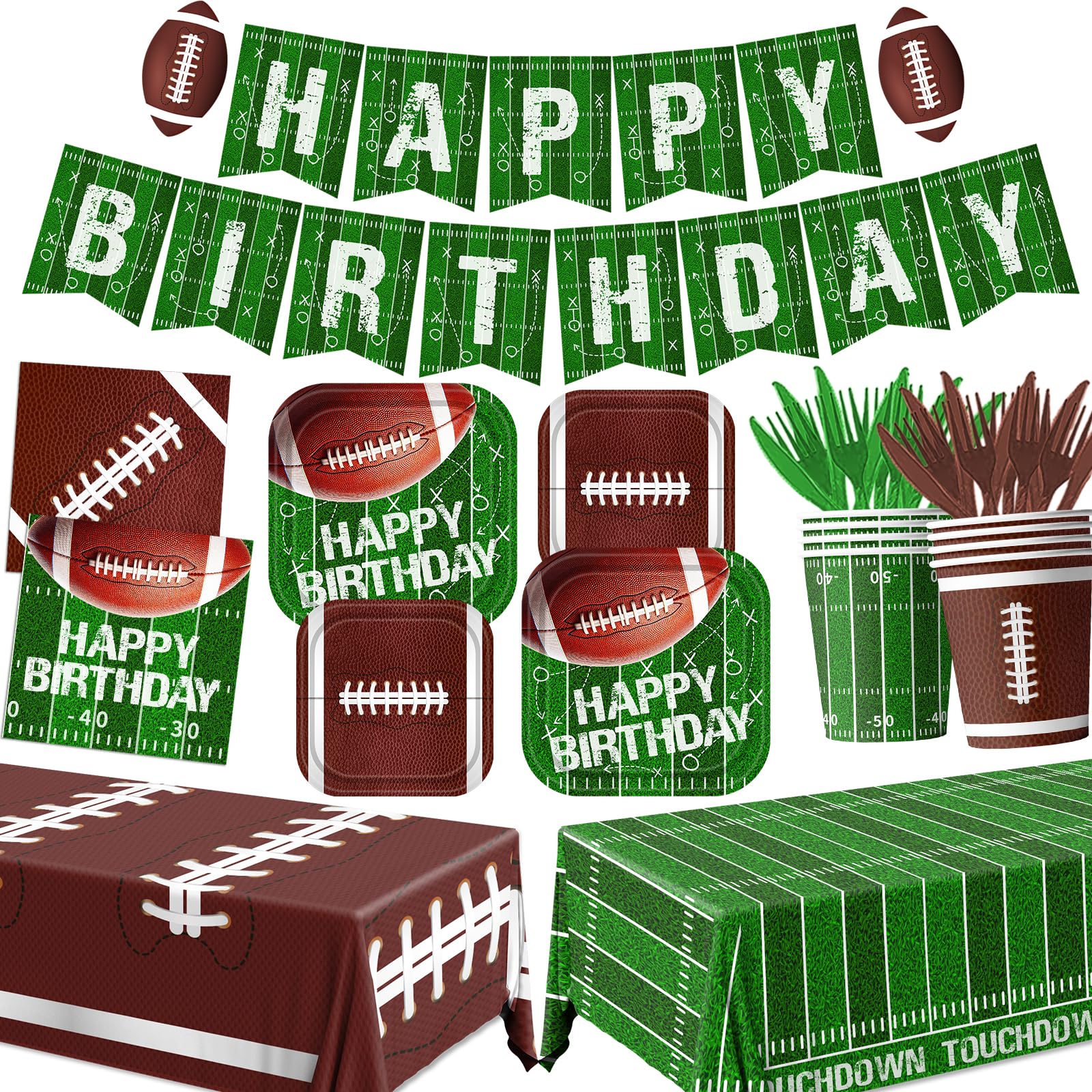Football Birthday Party Supplies Serve 25, Includes Plates Napkins Tablecloth Banner Kit for Sport Birthday Game Day Tailgate Football Party Decorations