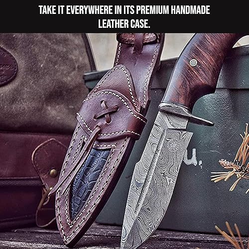 Vista 19 de BIGCAT ROAR Bear Hunter - Cuchillo de hoja fija de acero de Damasco hecho a mano de 10 pulgadas - Mango de madera de nogal y funda de cuero