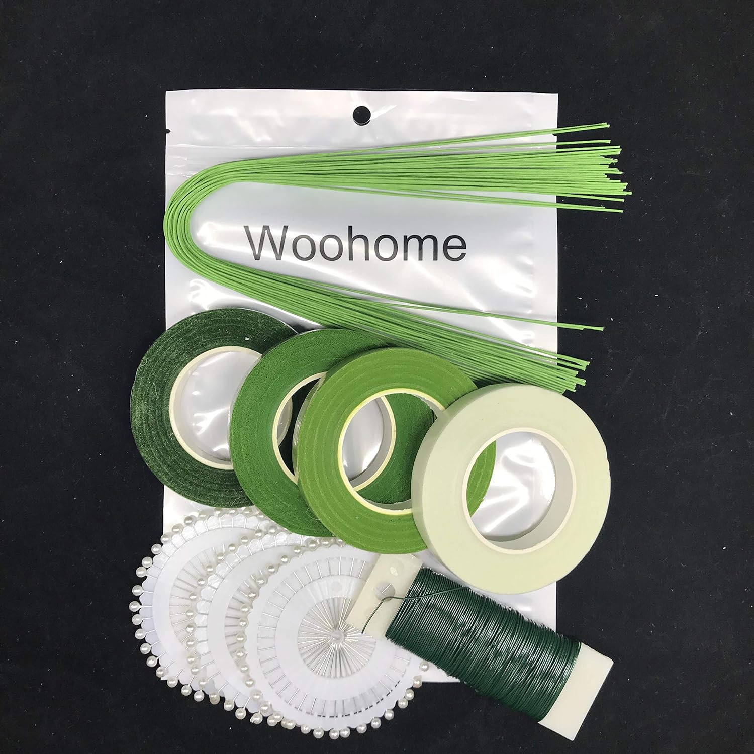 Woohome Floral Arrangement Tool Kit Floral Tape Stem Wrap 1/2 Inch, 26 Gauge Green Floral Stem Wire, 22 Gauge Green Paddle Wire and 100 PCS Ball Head Pins for Wedding Bouquet DIY