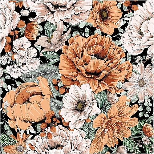 HAOKHOME 93191 - Papel tapiz floral vintage para despegar y pegar removible gran peonía negronaranjarosa mural autoadhesivo 177 x 65 pies