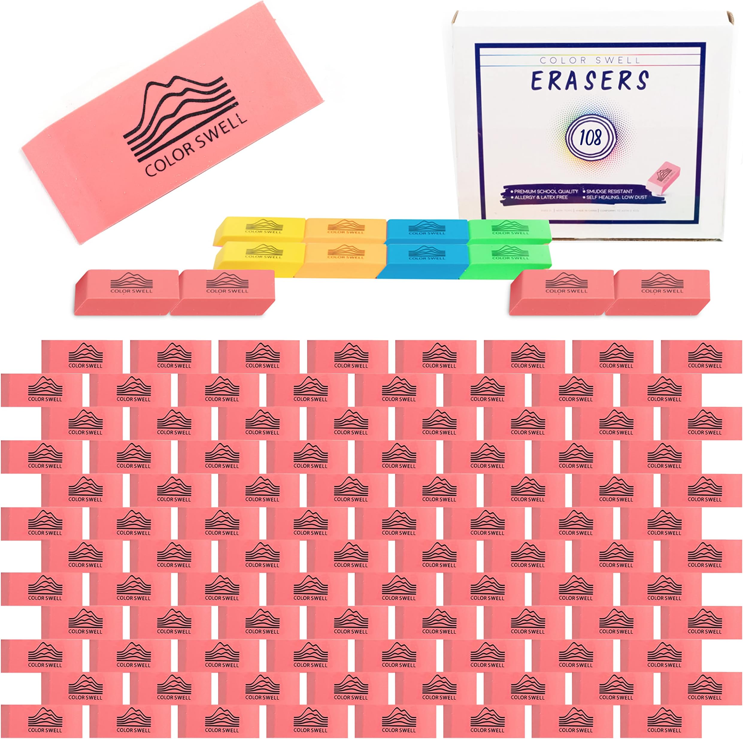 Color Swell Bulk Pink Erasers - 108 Pack of Neon and Pink Erasers | Neon and Pink, For Offices, Classroom, Kids, Students, Families, Donations