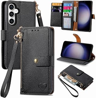 Handyhülle für Samsung Galaxy S23 FE 5G Hülle Klappbar Klapphülle Schutzhülle mit Kartenfach RFID Reißverschluss Handy Tasche Leder Flip Case Cover Handytasche Frauen - Schwarz