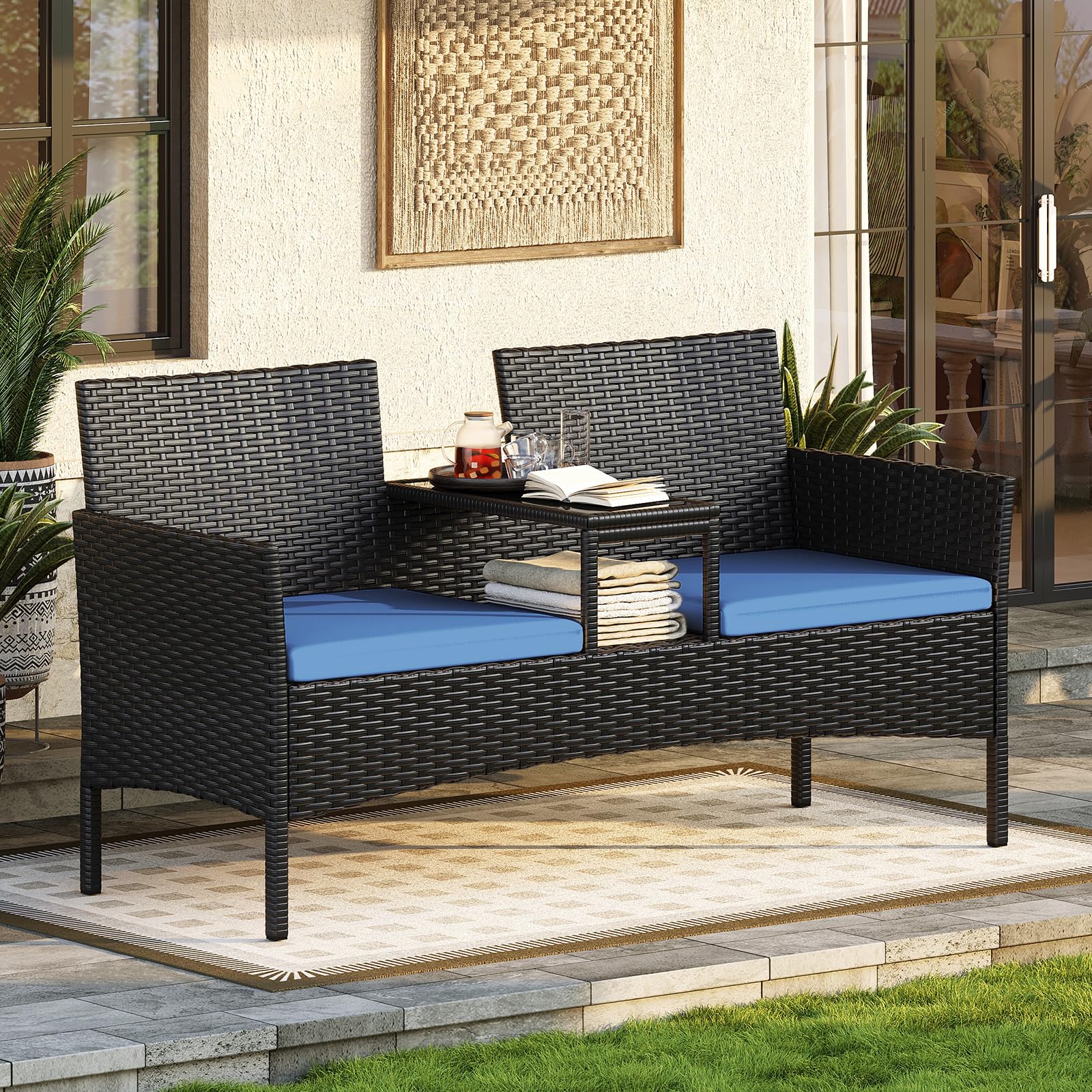 Aoxun 2-Sitzer-Gartenbank aus Rattan, extrabreite Outdoor-Zweisitzerbank mit seitlichem Ablagetisch, bequemes Terrassenmöbel-Set mit Kissen und Regenschutz für Garten, Balkon (Marineblau)