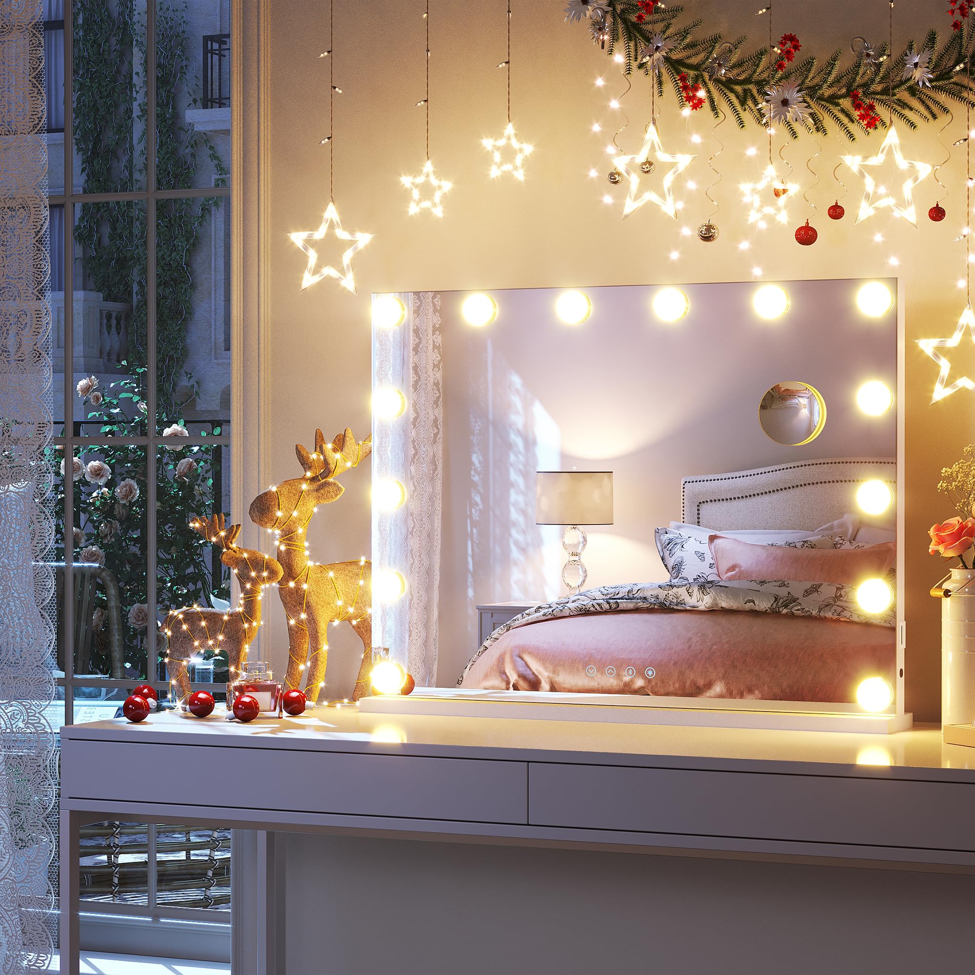 SONNI Specchio Hollywood con illuminazione, 80 x 60 cm, specchio da trucco con Bluetooth e porta di ricarica USB, 14 lampade LED, grande specchio cosmetico con 3 temperature di colore e lente