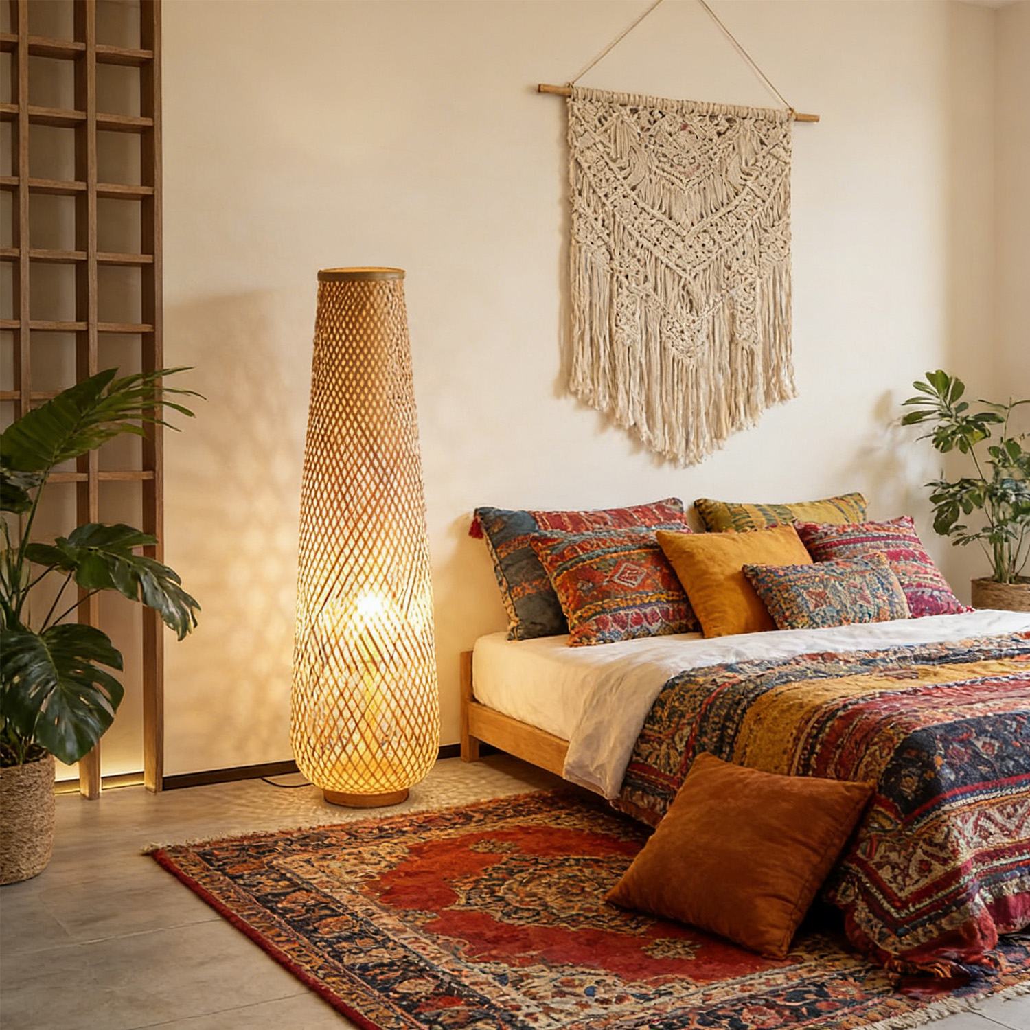 Image of Boho Style Bamboo Woven Floor Lamp for Living Room,36 in,Cozy Decor | Handcrafted Wicker Shade,Unique Shadow Pattern,No Assembly Required,3000K Warm Ambient Lighting,Suit for Bedroom Corner