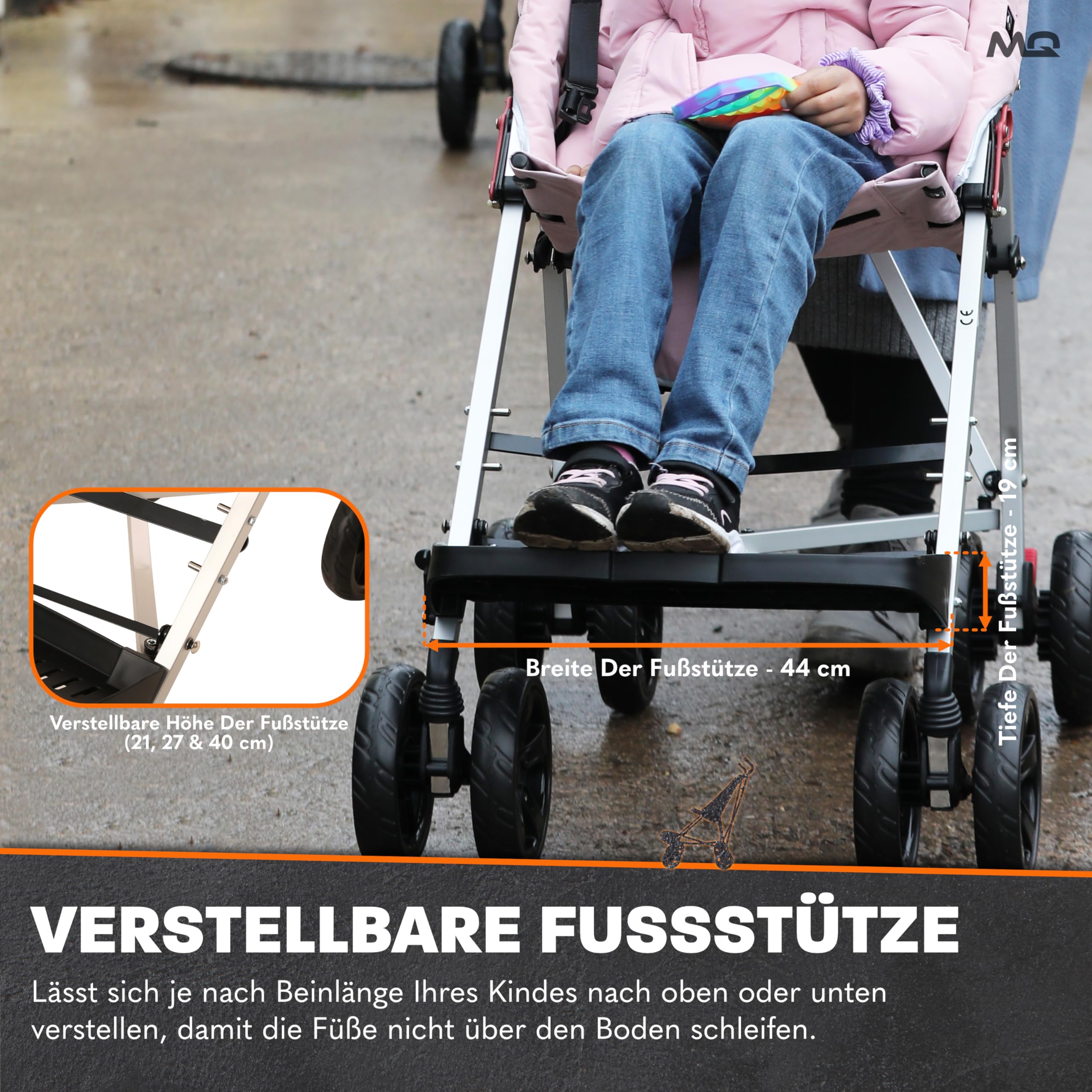 MobiQuip XL Reha-Buggy bis 50 kg Rehabilitations-Kinderwagen für Kinder mit besonderen Bedürfnissen Leichter, faltbarer Aluminiumrahmen Verstellbare Fußstütze 5-Punkt Sicherheitsgurt Sand