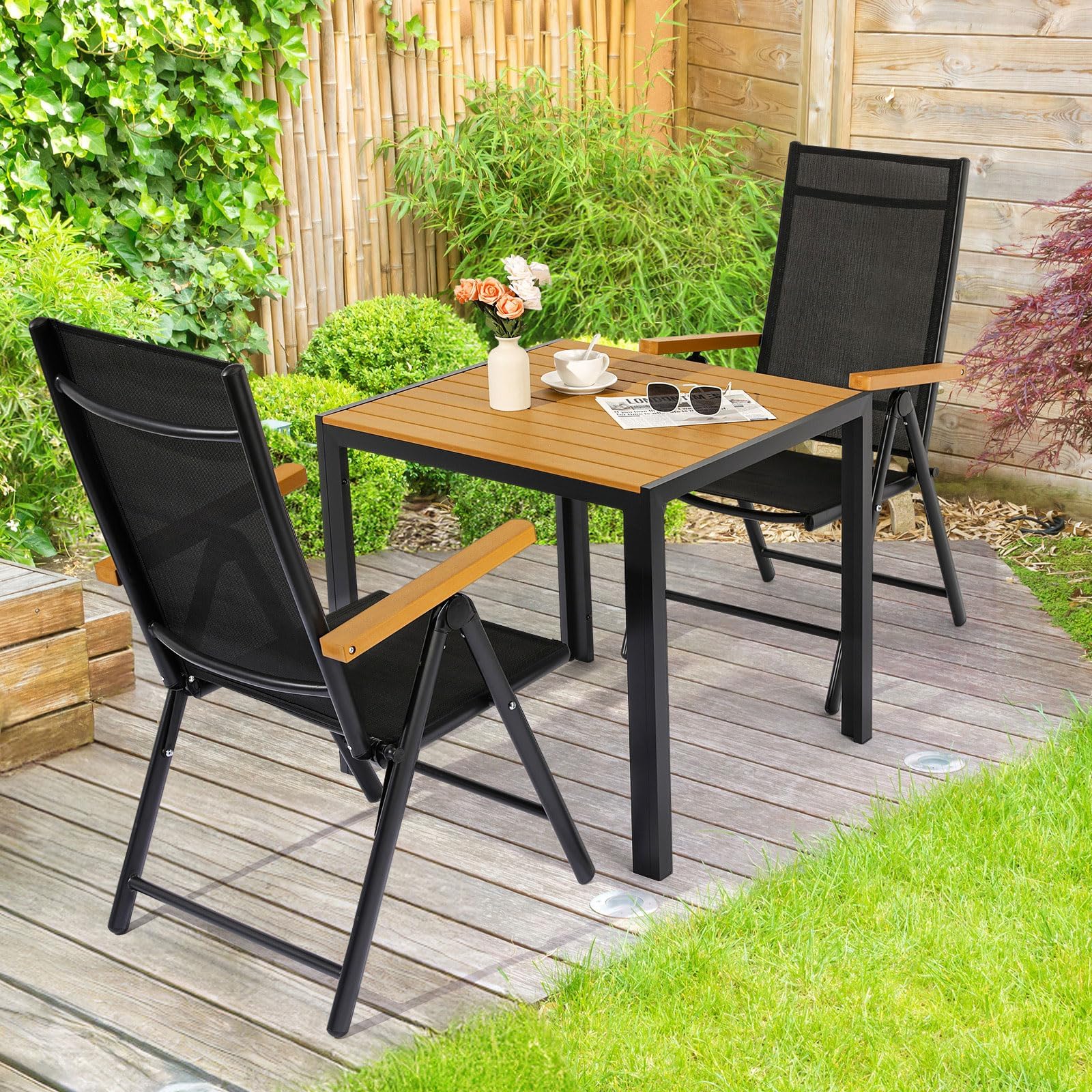 LIFERUN Gartentisch Aluminium, 75x75cm WPC Balkontisch Wetterfest, Quadratischer Terrassentisch, Rutschfester Esstisch Outdoor, Teakbraun