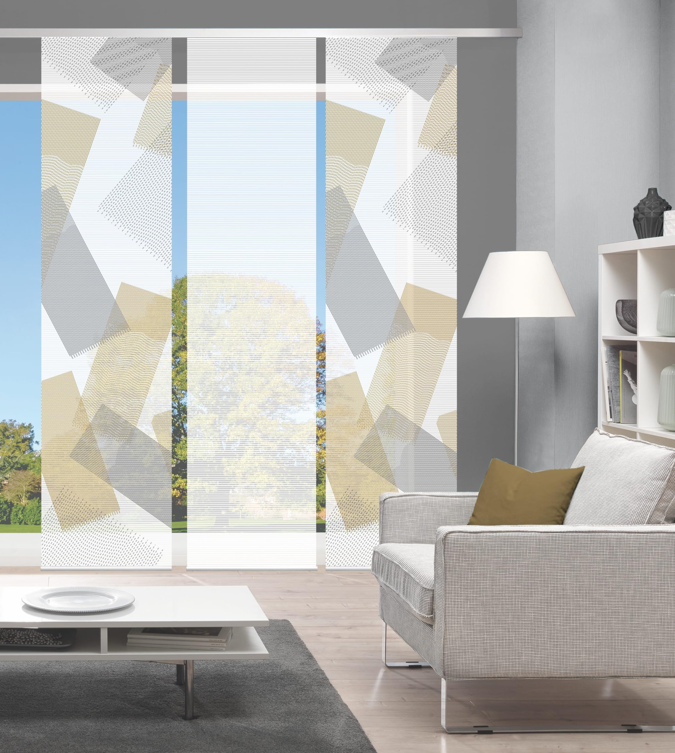VISION S NAYAH Schiebegardine, halbtransparent Bambus, 260x60 cm, Graphikmotiv, Farbe:Gold, Größe:260 x 60 cm, Anzahl:3er Set (2X, 1x)