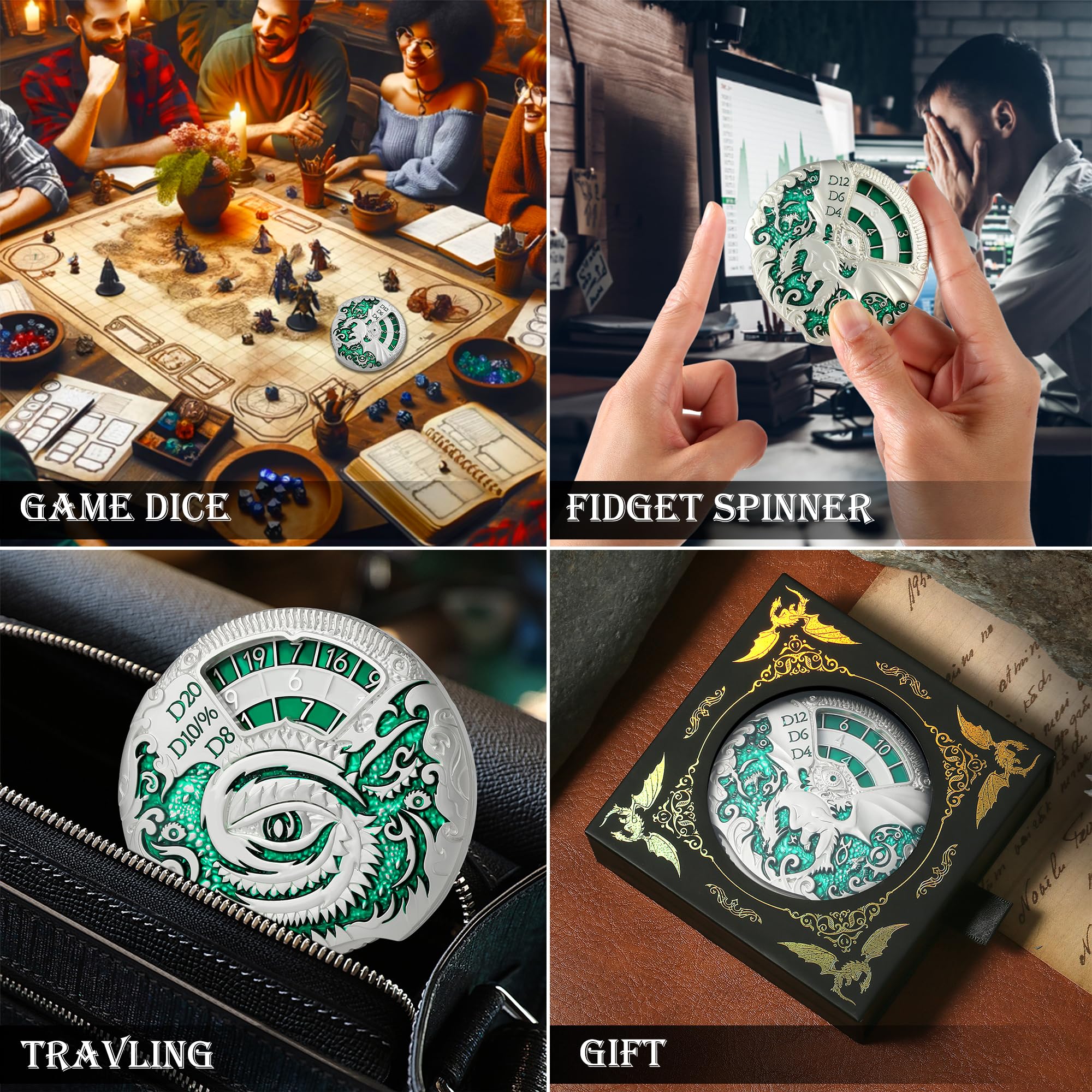 DNDND Jeu de dés DND en métal 7 en 1 avec superbe coffret cadeau pour donjons, dragon et jeu de table (argenté et vert)