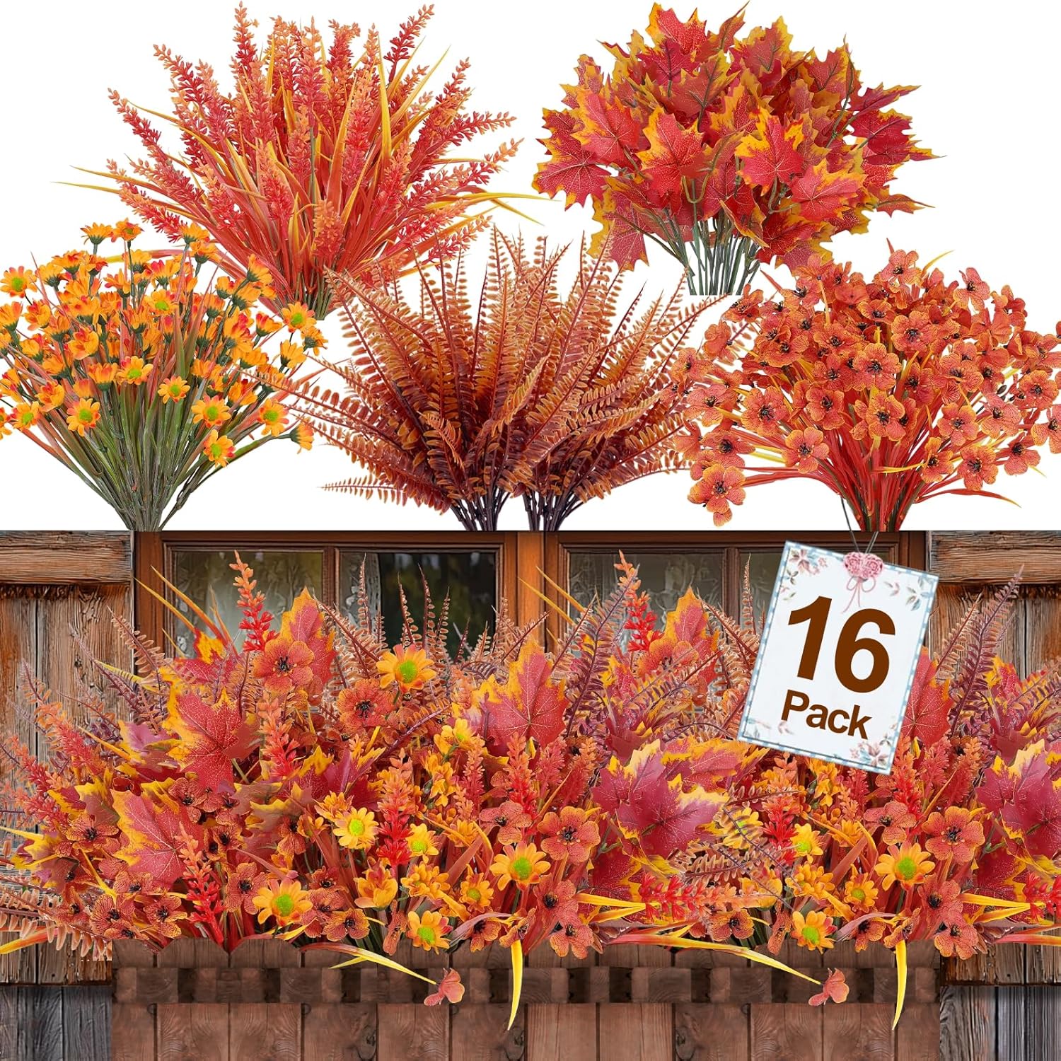 TURNMEON 16 Bundles 5 Styles Artificial Fall Flowers for Outdoors Fall Decor, Fake Mums Fall Plants UV Resistant No Fade Boston Fern Orange Daisy Maples Leaf Picks Autumn Thanksgiving Outside Home