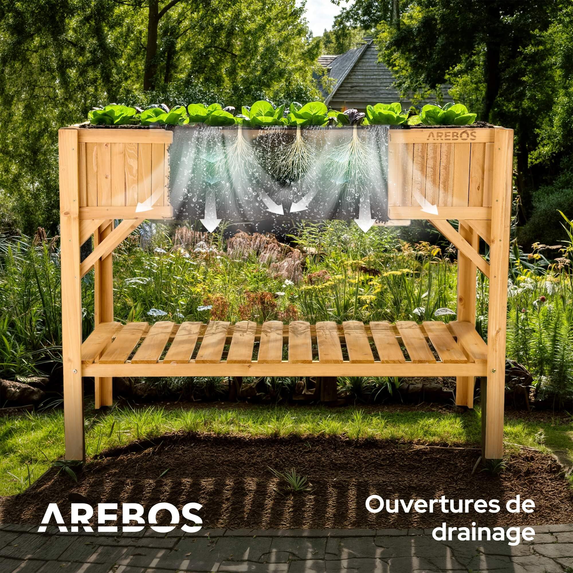 Arebos Jardinière surélevée en bois avec compartiment de rangement | Pour jardin, balcon et terrasse | Intérieur équipé d'un non-tissé de protection | 119 x 53 x 90 cm
