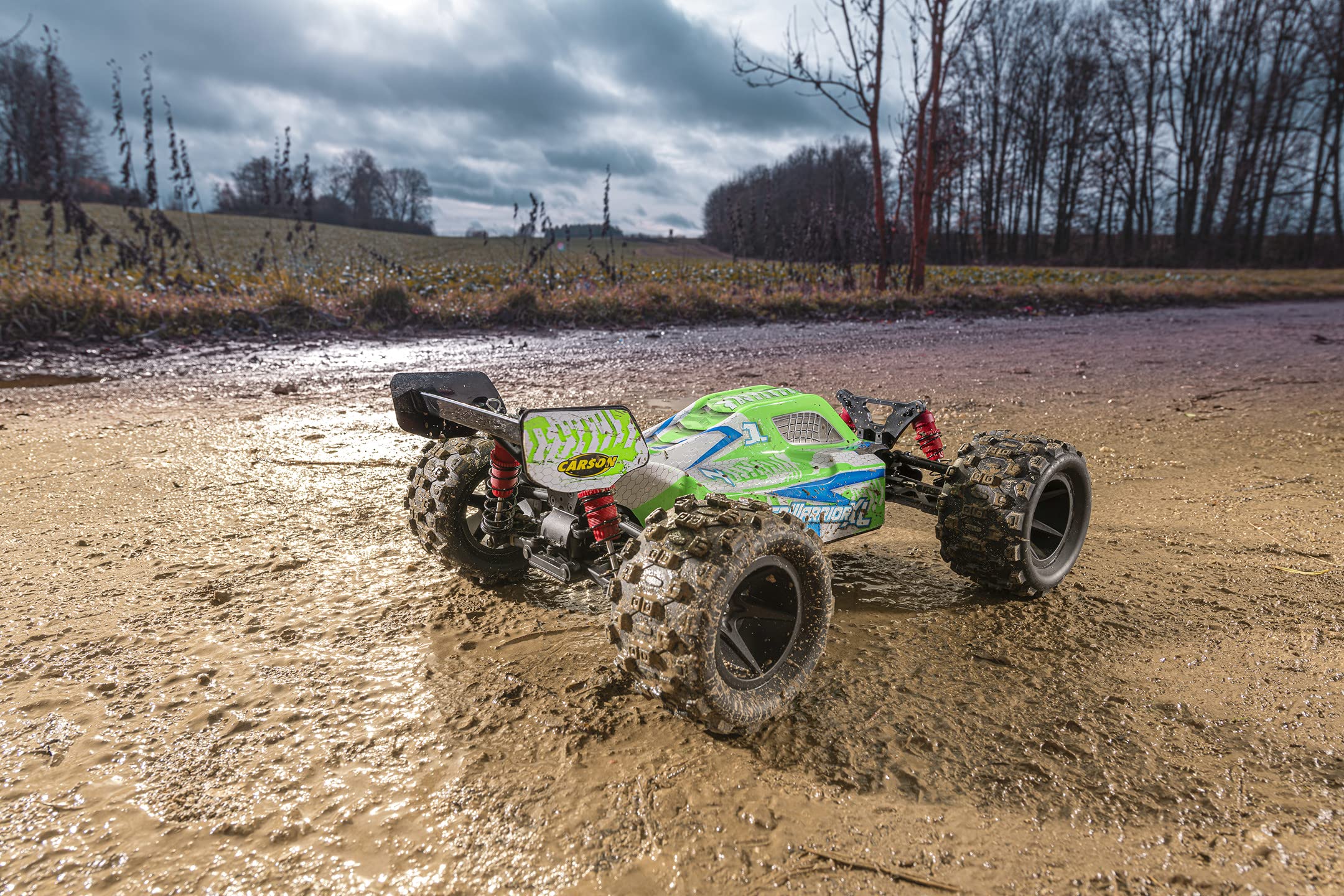 Carson 500404223 1:10 X10 Monster Warrior XL 2.0 100% RTR, zdalnie sterowany samochód, Offroad Buggy, w zestawie baterie i pilot zdalnego sterowania, nadwozie z nadrukiem