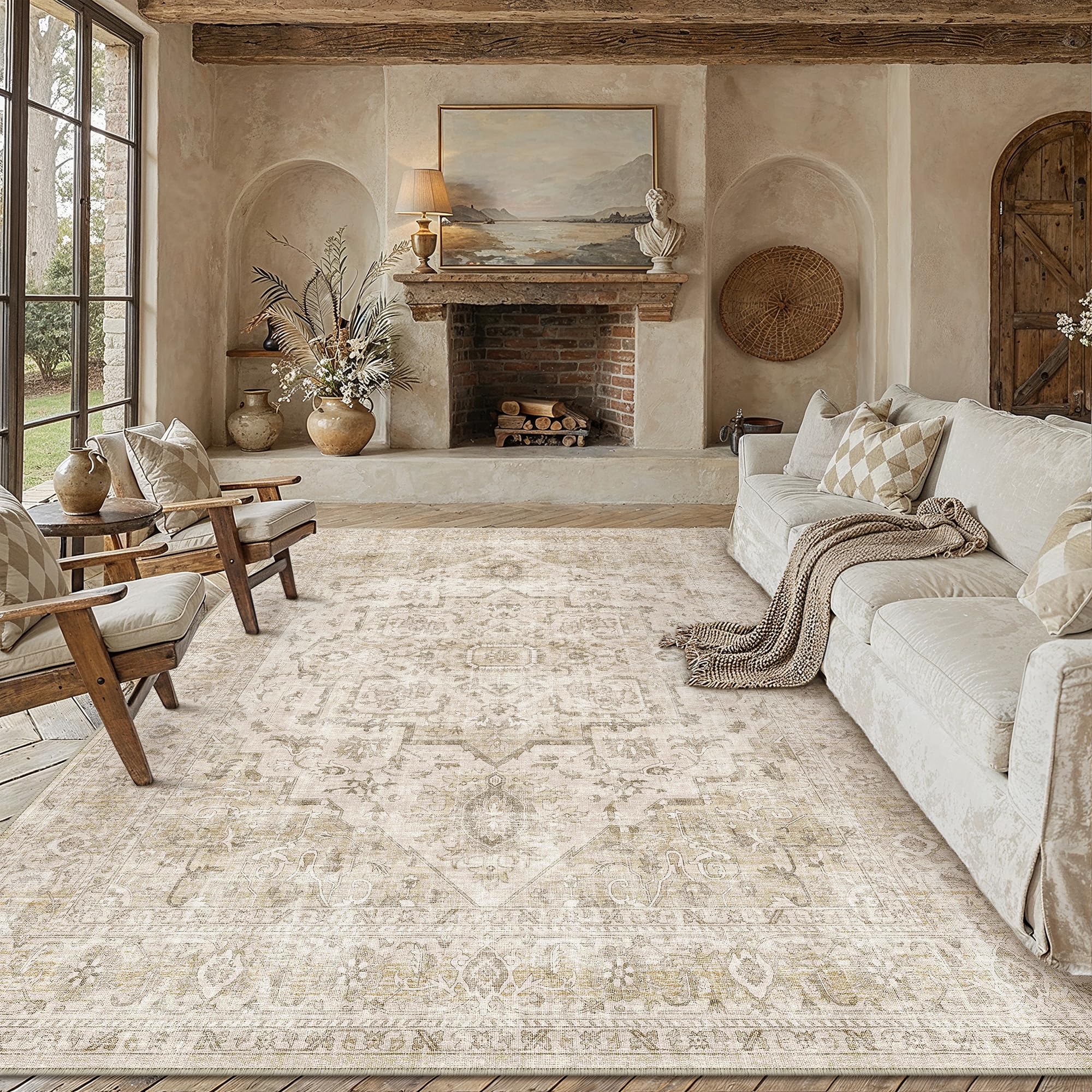 PureCozy Vintage Rugs Living Room 200x300cm Beige Area Rug Machine Washable Kids Bedroom Carpet Non Slip Carpets Lounge Nursery Bedside Playroom Office Retro Low Pile Mat