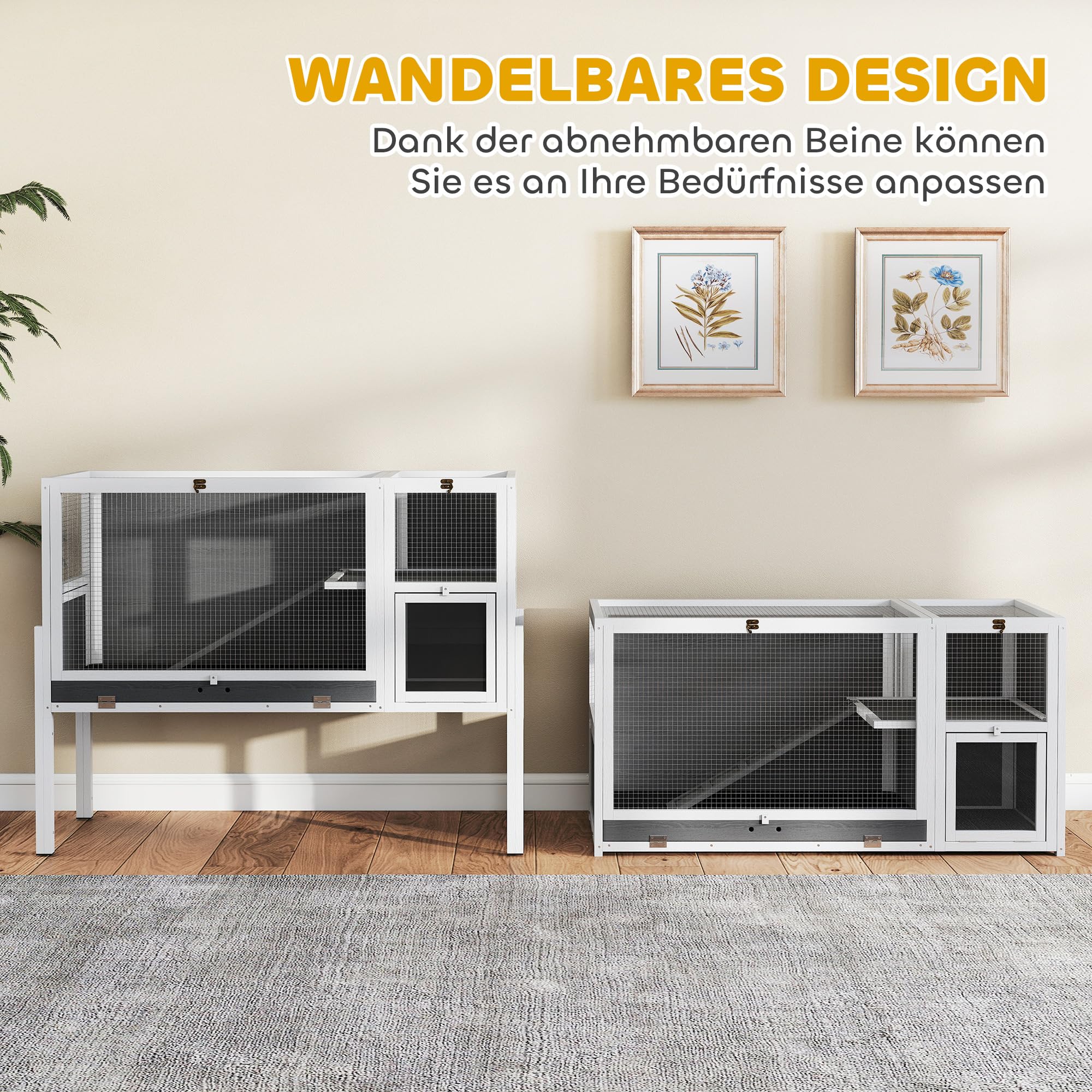 PawHut Conejera Convertible Conejera de Madera con rampa 120 x 53 x 93 cm Jaula para Conejos con entradas, habitación de Descanso, para cobayas, jerbos Gris