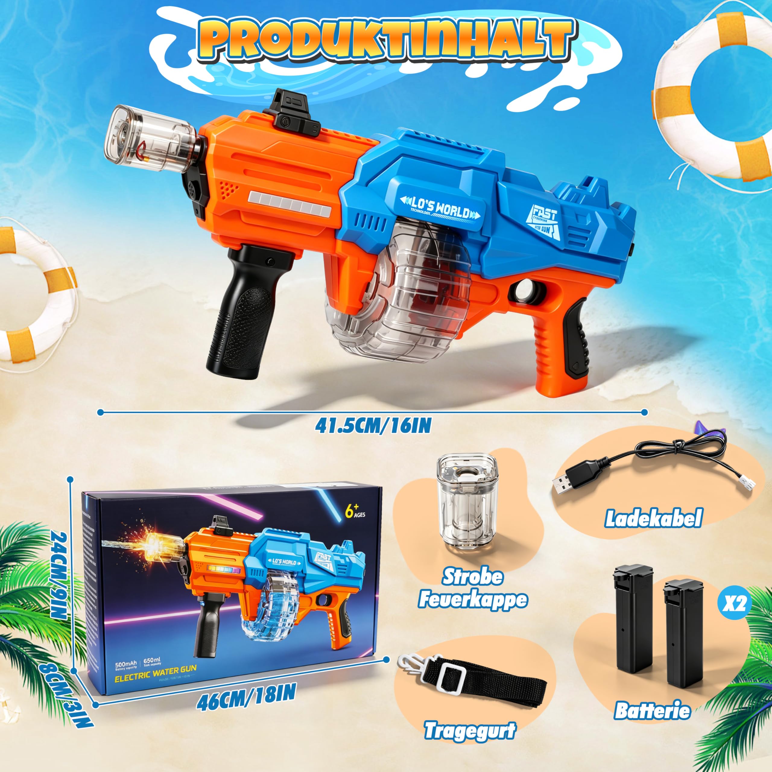 Ulikey Elektrische Wasserpistole, Wasserpistole Elektrisch Sehr Stark Reichweite 10M, Wasserpistolen 650ML mit Automatische Wasseraufnahme, LED-Licht, Abnehmbarer Tragegurt für Pool Strand Party