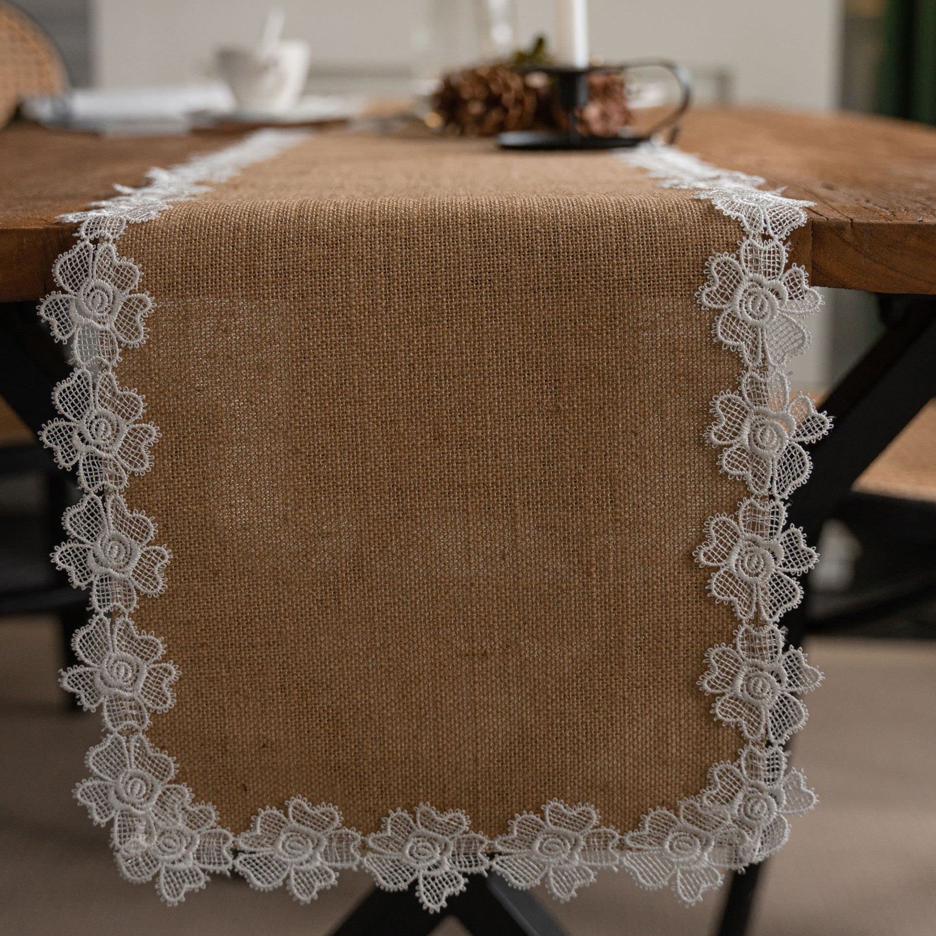 Table Runner Burlap Table Runner Hessian Natural Jute Roll with Lace Farmhouse Decor Woven Fabric Sewed Edge for Wedding Country Placemat(K,30*180cm)