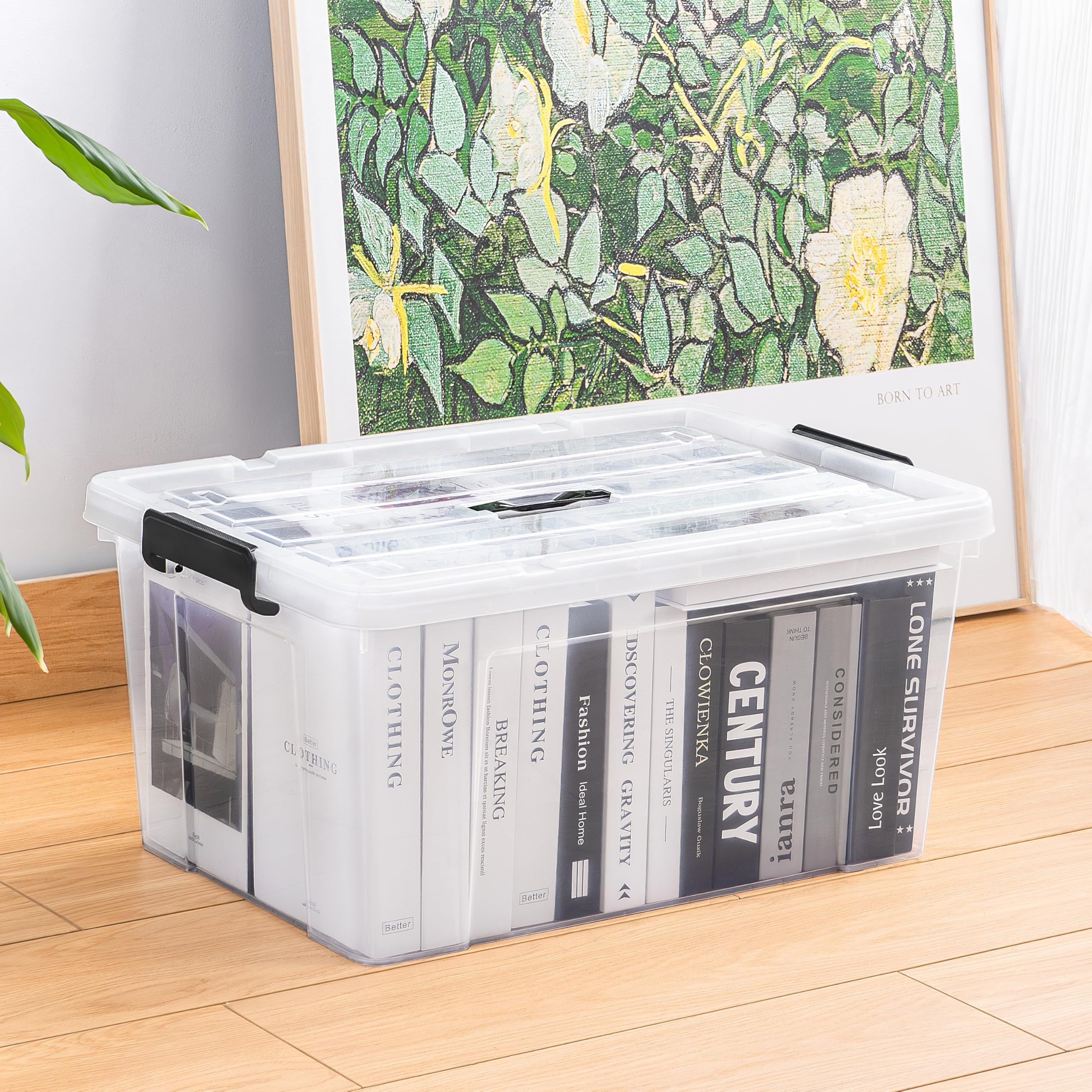 Cetomo 65L*4 Aufbewahrungsboxen, Tragbare Plastikboxen mit Deckeln, Organizer-Behälter mit Griff und Clips, Stapelbar, Ineinander Nestbar, für Zuhause und Büro, Transparent, 65L-4er Pack