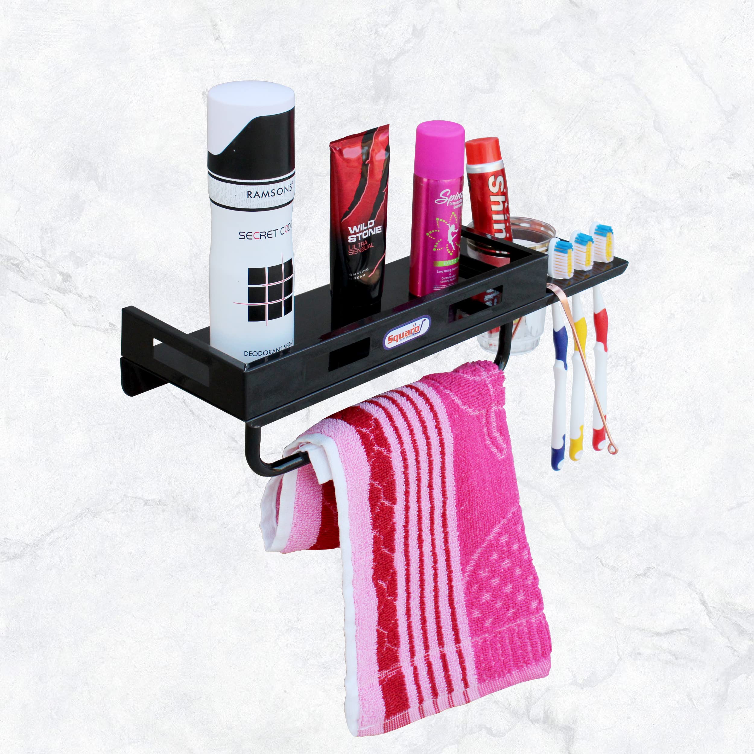 Premium Black Texture 3 in 1 Multi Purpose Bathroom Shelf Rack Tumbler Holder with Towel Holder Rod Hanger Kitchen Shelf Multi Holder Bathroom Accessories Wall Shelves (15x5 Inches, Pack of 1Pcs.)