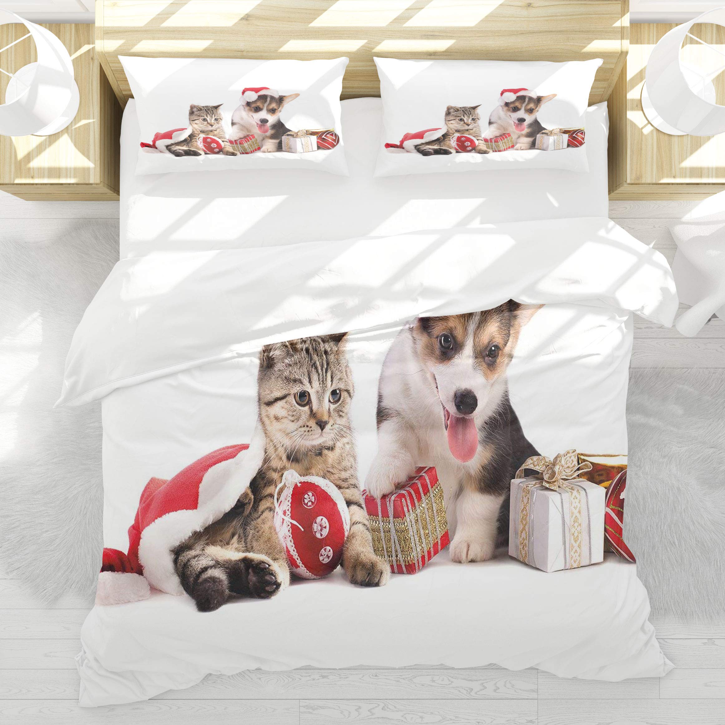 Housse de couette Noël chat et chien 140x200 cm avec 2 taies d'oreiller pour lit une place