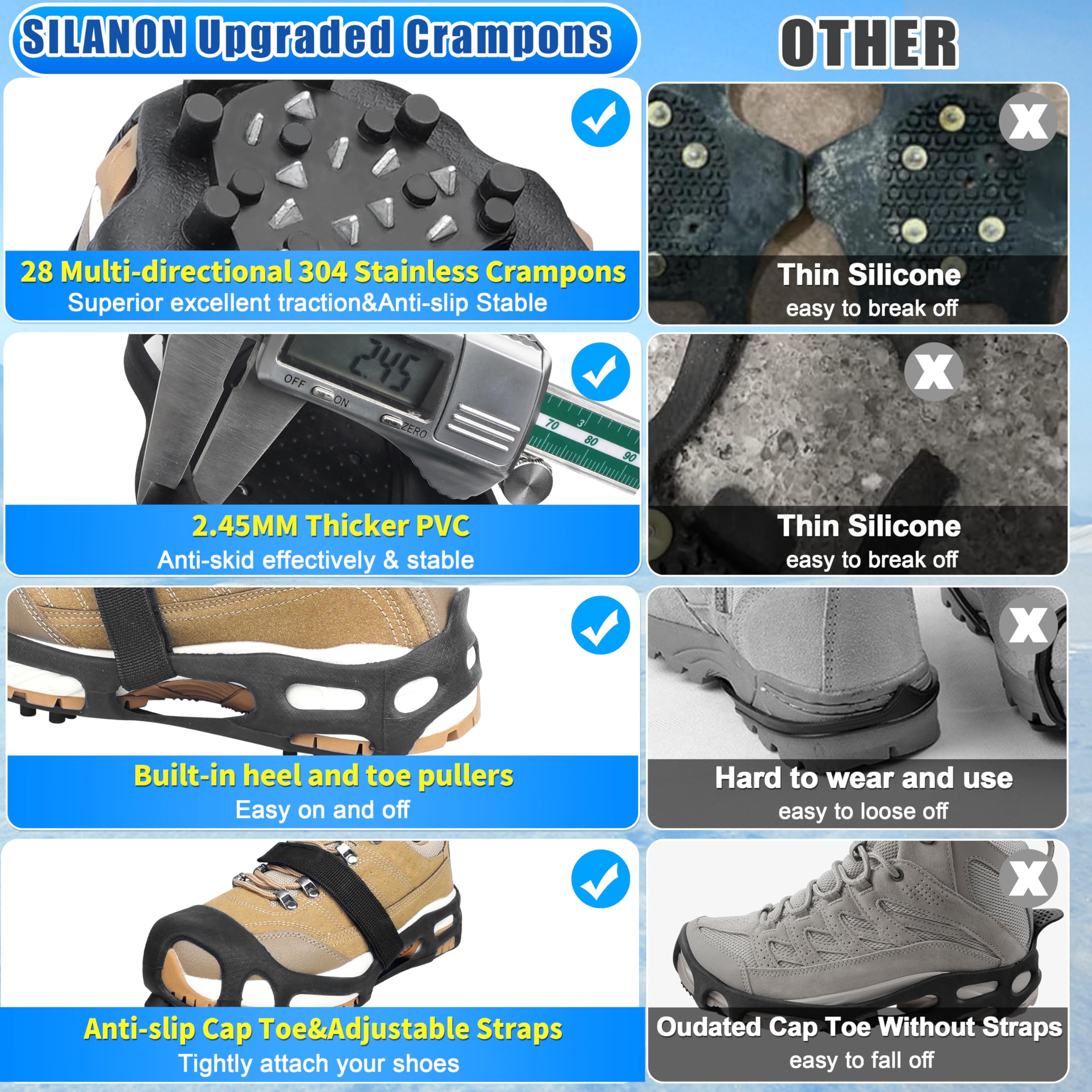 Tacchetti da ghiaccio da neve, ramponi da ghiaccio per scarpe e stivali, unisex, antiscivolo, 28 tacchetti per neve, ghiaccio, escursionismo, passeggiate, pesca