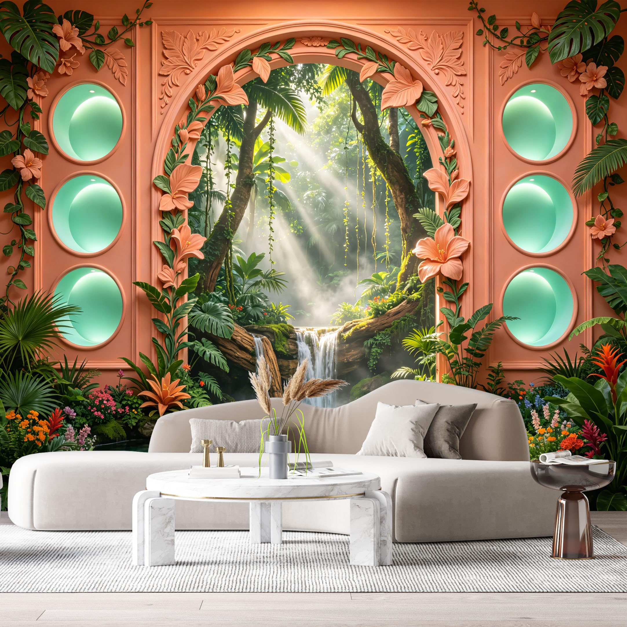 Custom Size Wall Murals Jungle Tropical Waterfall Sunlight Beams 3D Trompe L'Oeil SelfAdhesiveWall Fabric Removable Wallpaper Wall Decor for Living Room Bedroom Bathroom