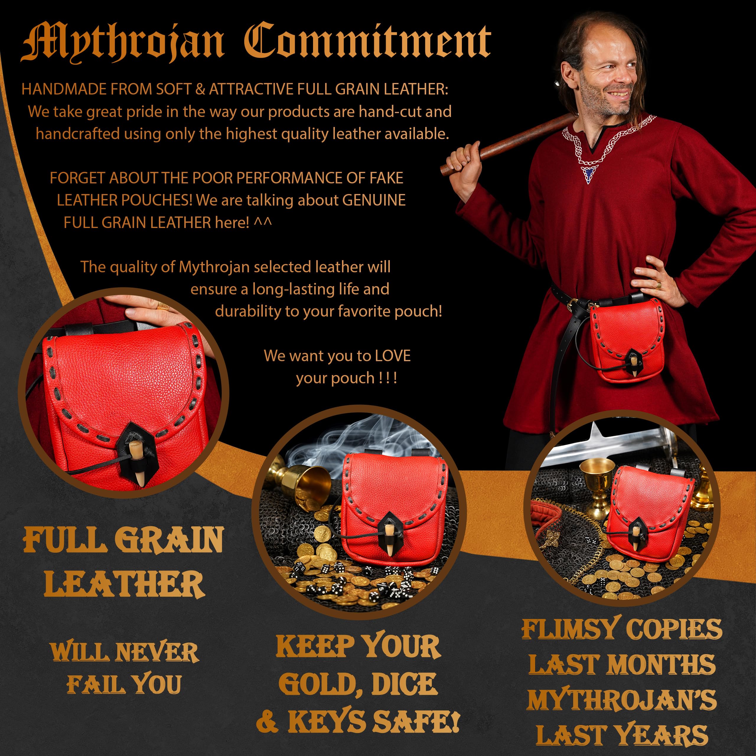 Mythrojan Riñonera de Cuero Original Medieval, Bolsa para Accesorios de Disfraces, cinturón Vikingo para Monedas (Rojo, 8 x 7 Pulgadas)
