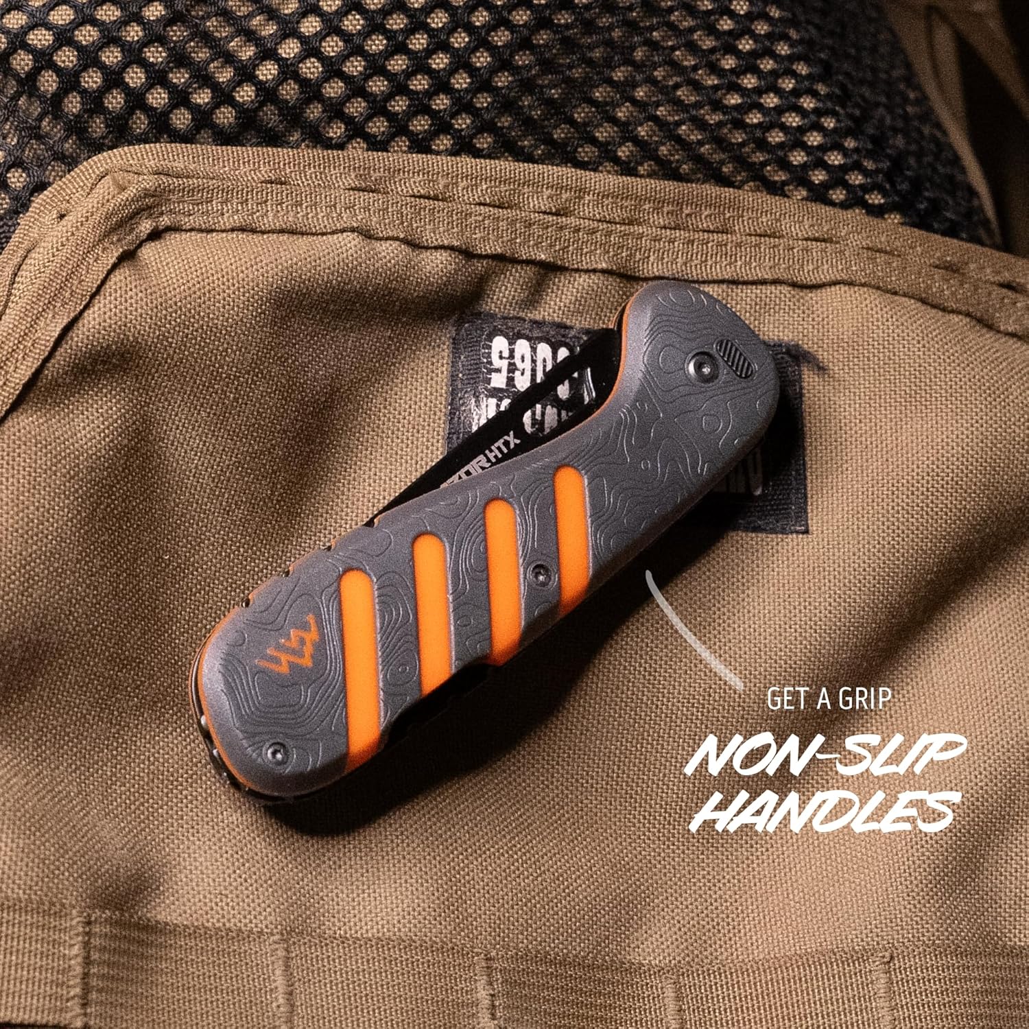 OUTDOOR EDGE Razor HTX 3.5" Folding Hunting Knife – Includes 5 Drop Point Blades, 1 Gut Blade, 1 Saw & Blade Pod – Gray/Orange Handle – Replaceable Blade Knife for Field Dressing Deer & Elk